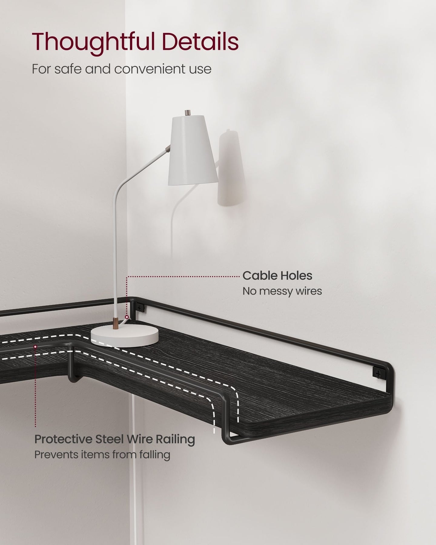 Set of 2 L-Shaped Floating Shelves - Engineered Wood - Black - Simple Installation