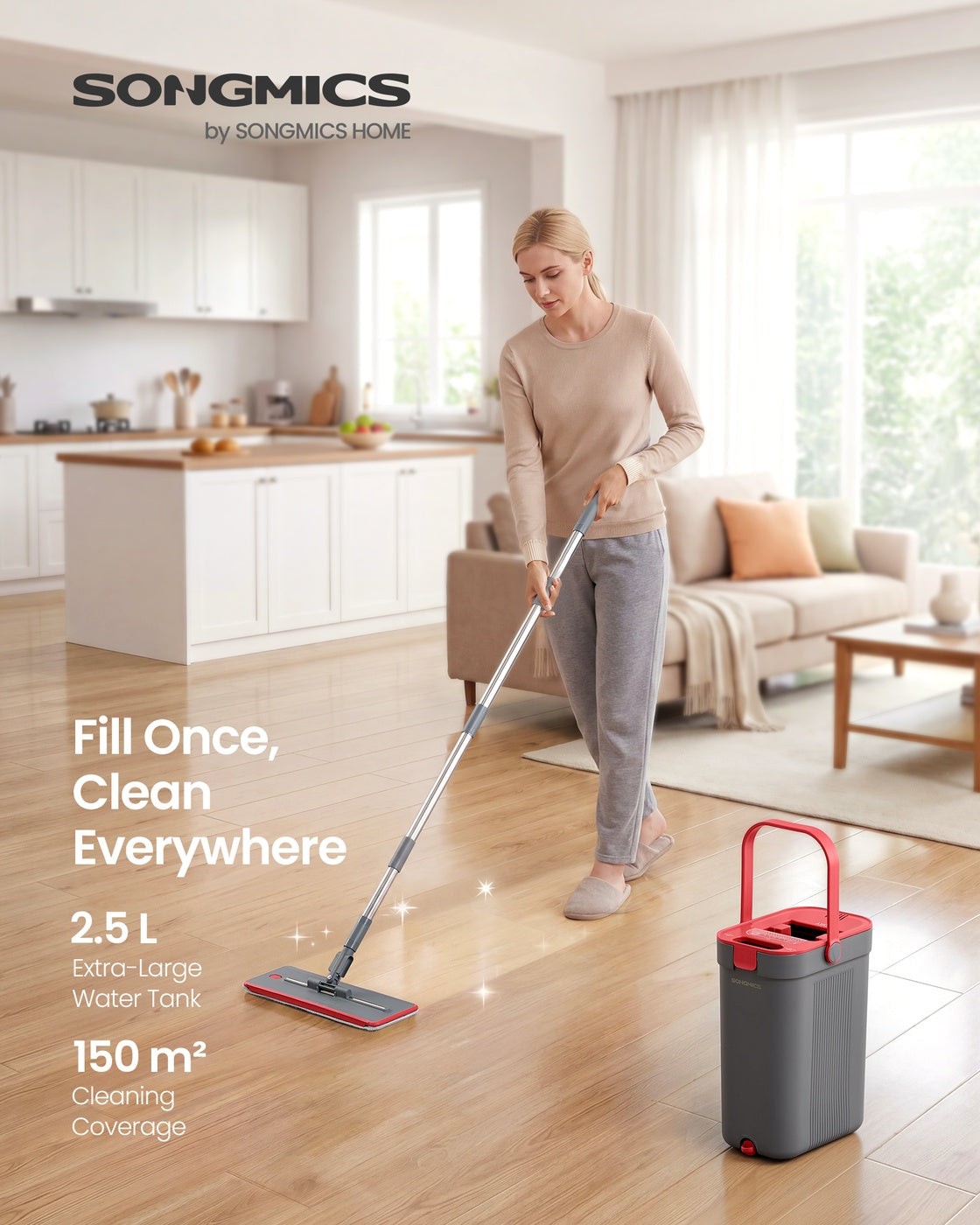 Spin Mop Set - With Wringer Bucket and Pads - Grey, Red