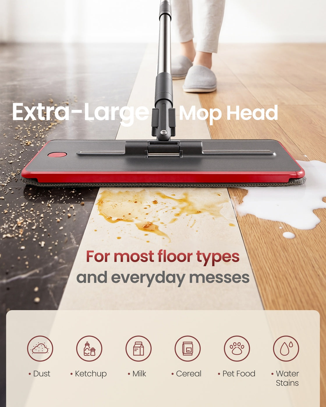 Spin Mop Set - With Wringer Bucket and Pads - Grey, Red