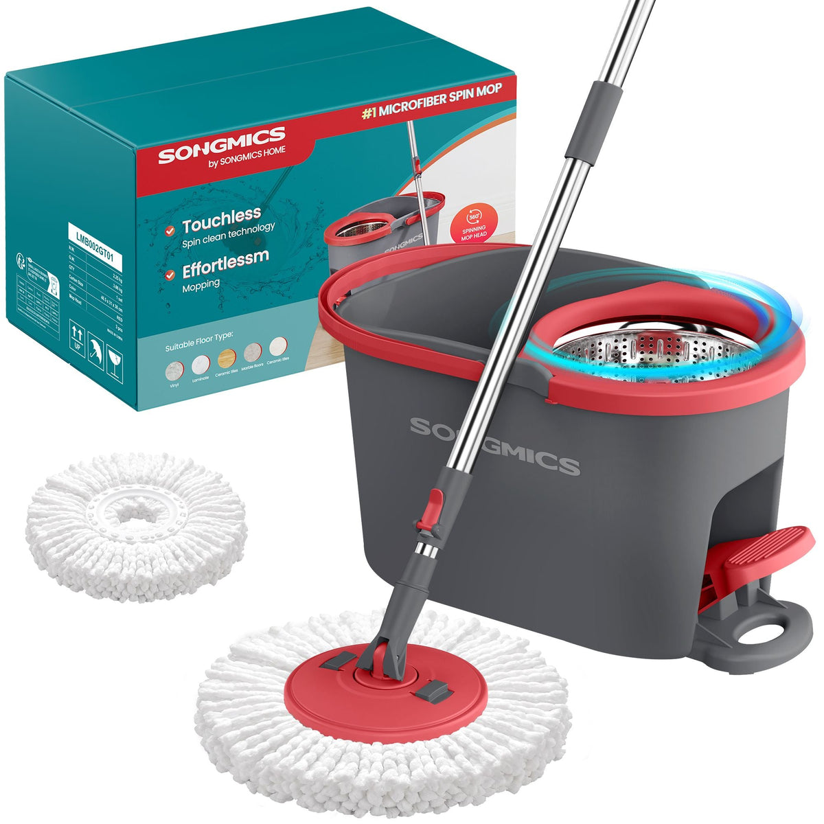 Spin Mop Set - With Wringer Bucket and Pads - Grey, Red