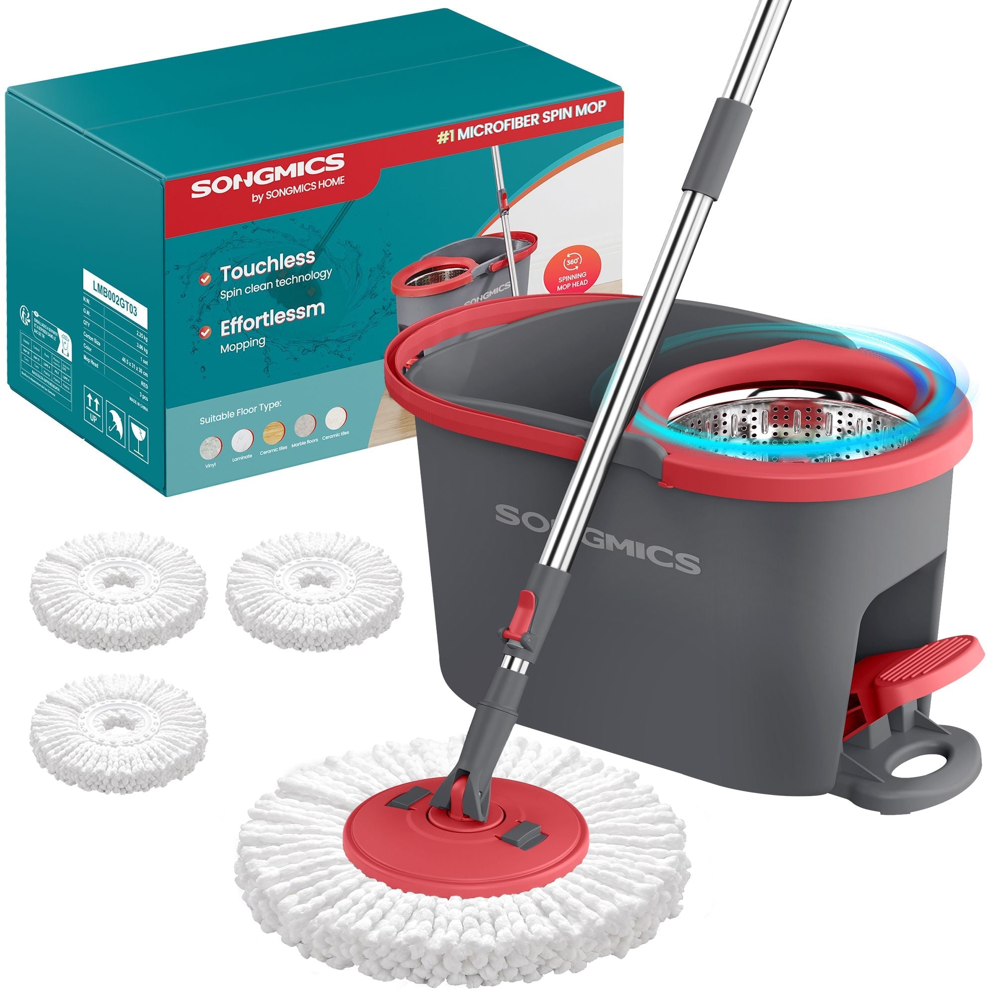 Spin Mop Set - With Wringer Bucket and Pads - Grey, Red