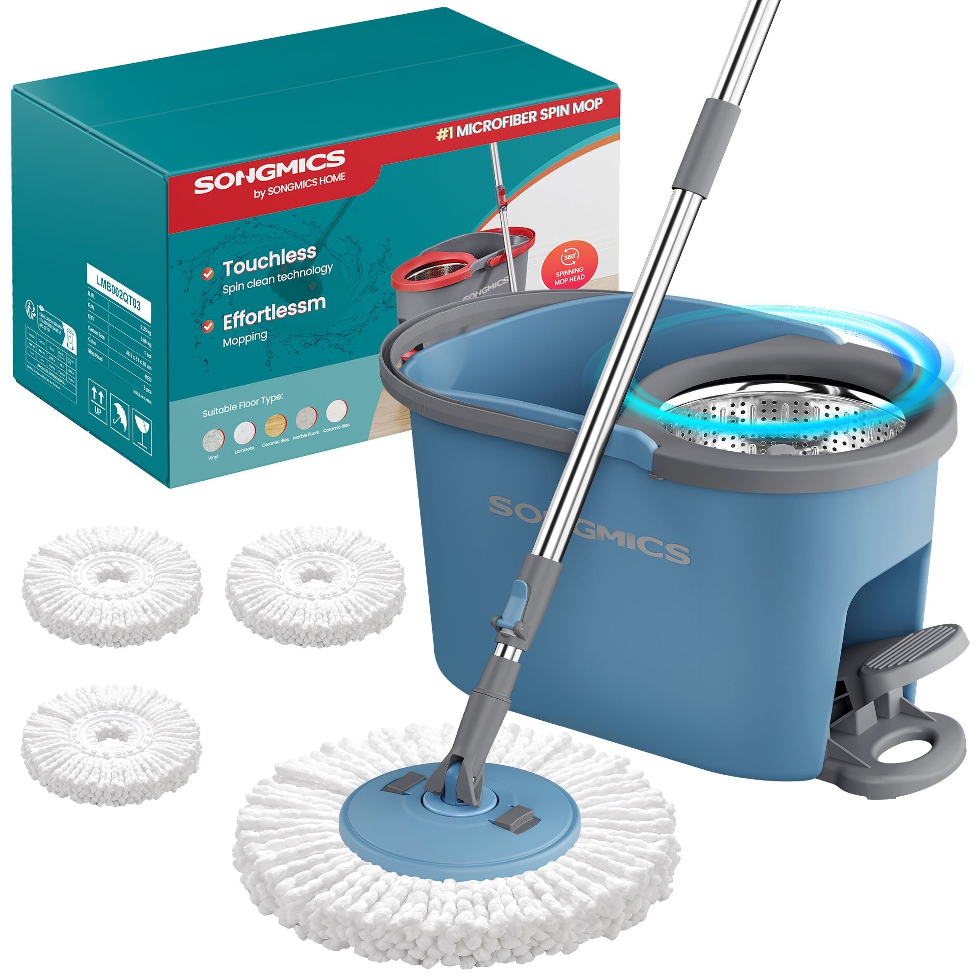 Spin Mop Set - With Wringer Bucket and Pads - Grey, Blue