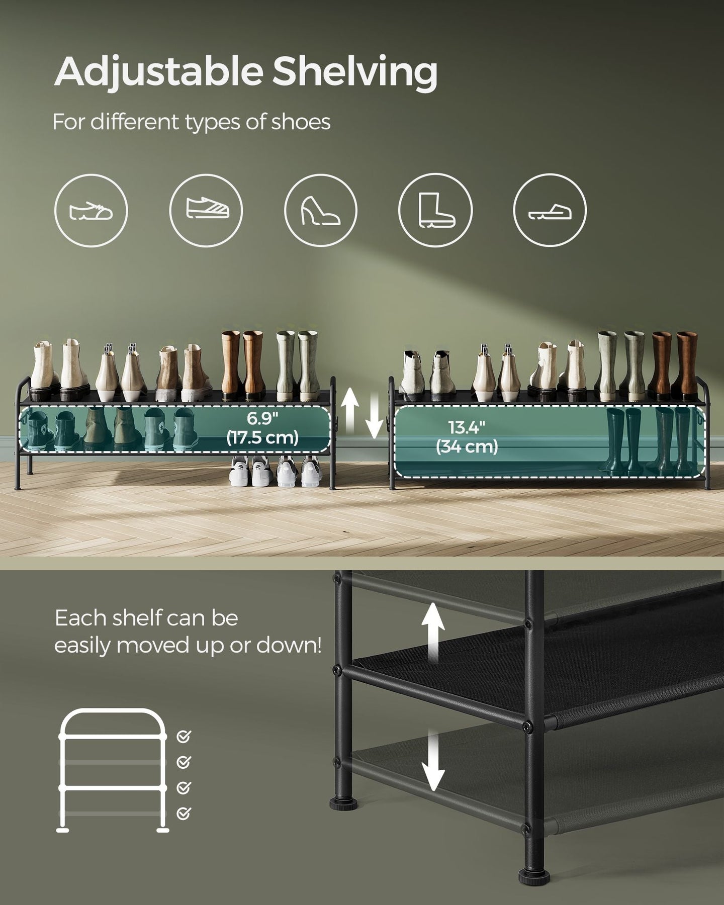 2-Tier Shoe Rack - Fabric - Ink Black - Height-Adjustable with 4 Hooks