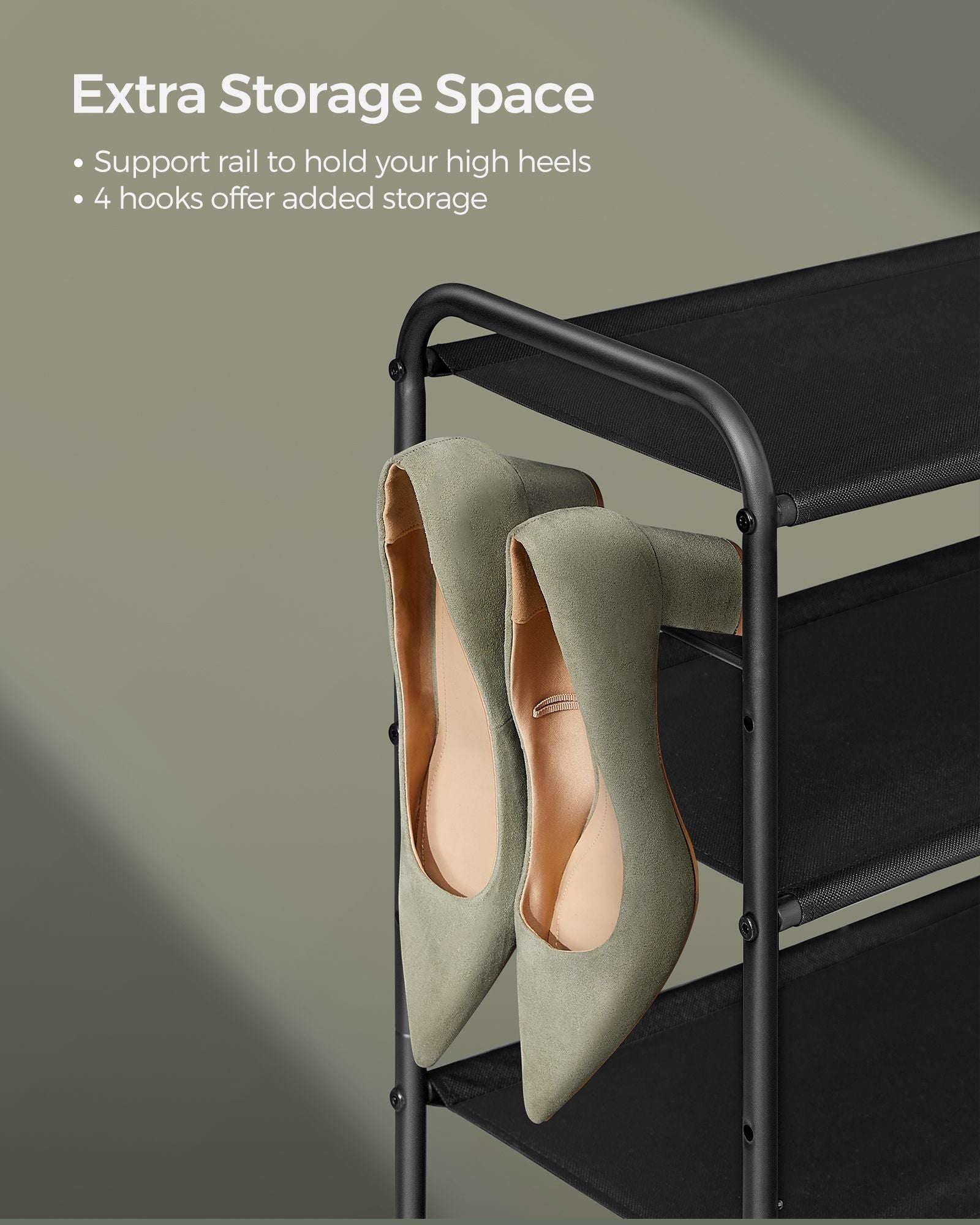 2-Tier Shoe Rack - Fabric - Ink Black - Height-Adjustable with 4 Hooks