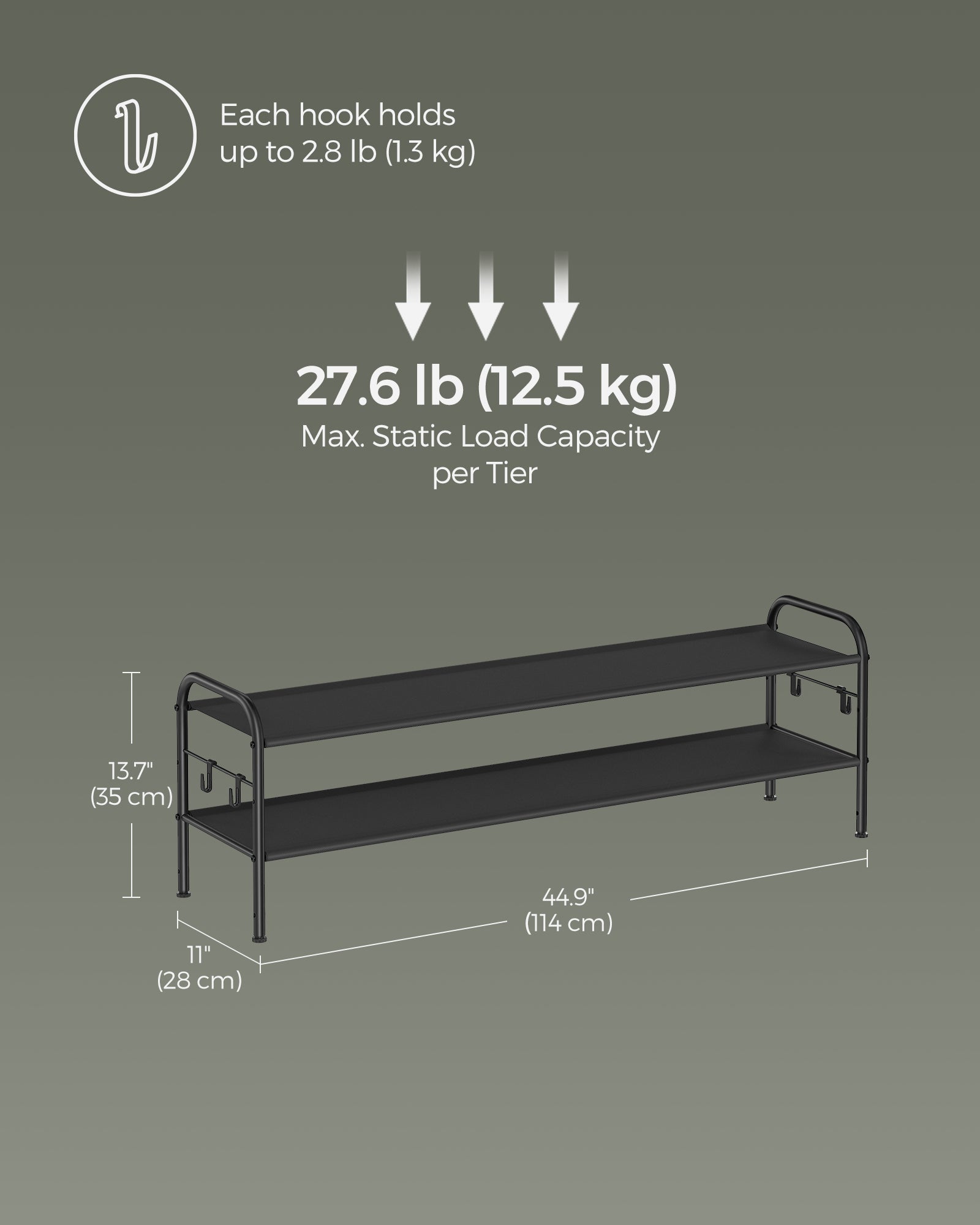 2-Tier Shoe Rack - Fabric - Ink Black - Height-Adjustable with 4 Hooks