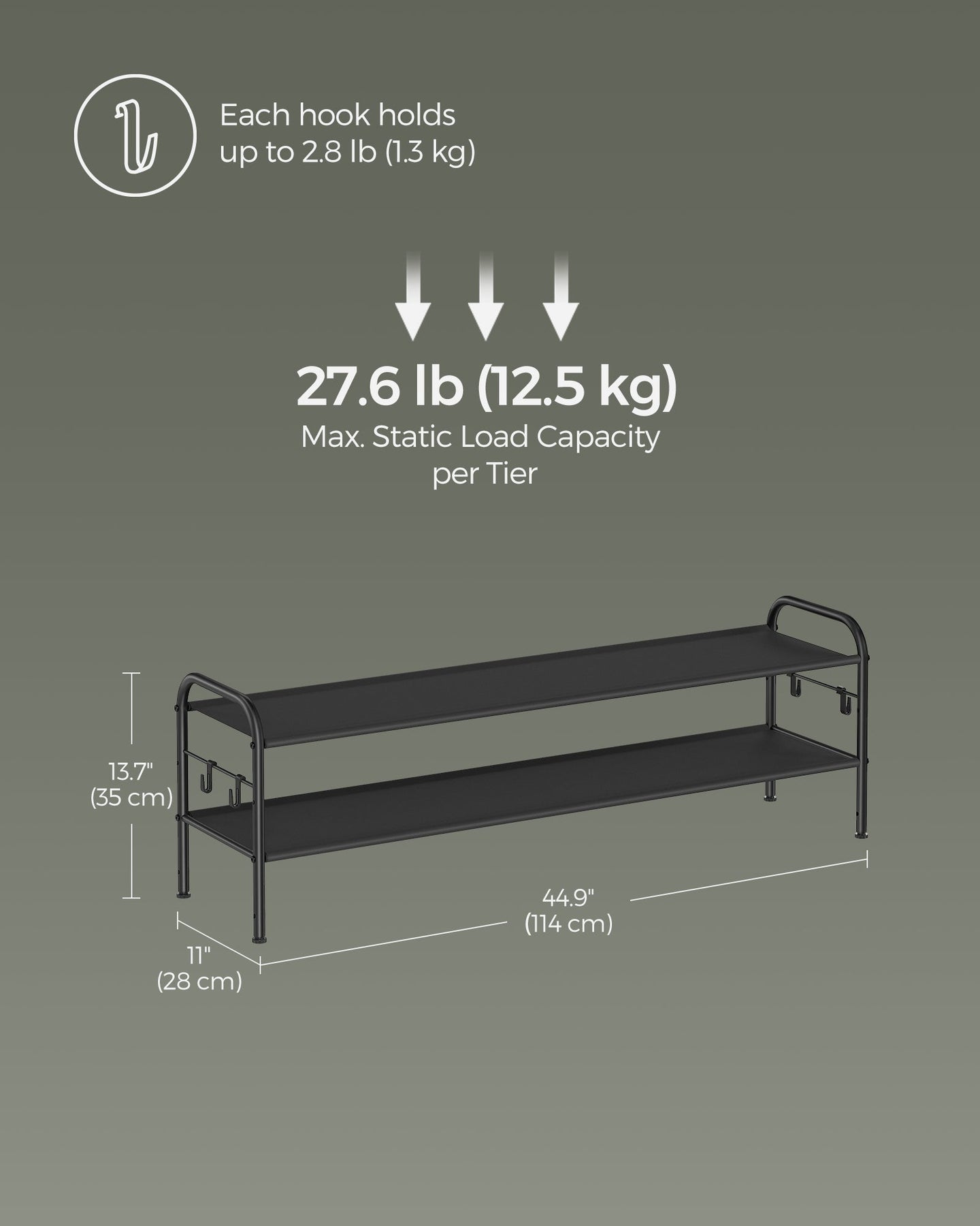 2-Tier Shoe Rack - Fabric - Ink Black - Height-Adjustable with 4 Hooks