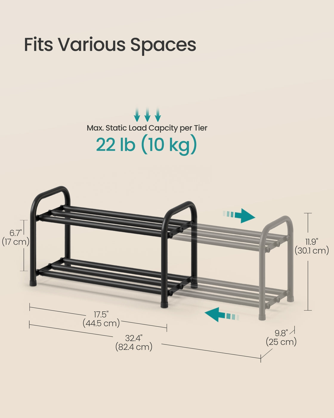 Expandable Shoe Rack - 2-Tier - Steel - Adjustable Shelves