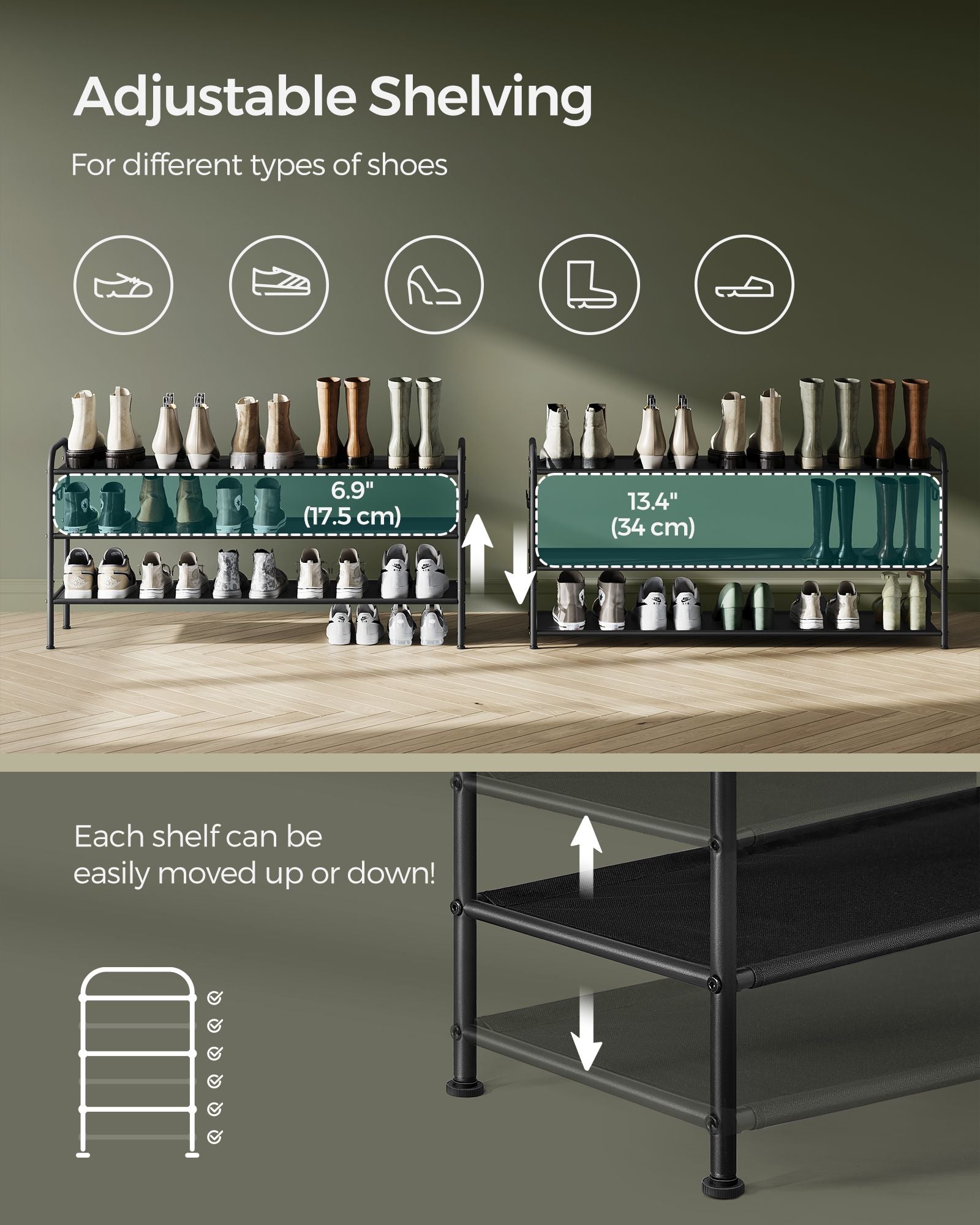 3-Tier Fabric Shoe Rack - Ink Black - Height-Adjustable