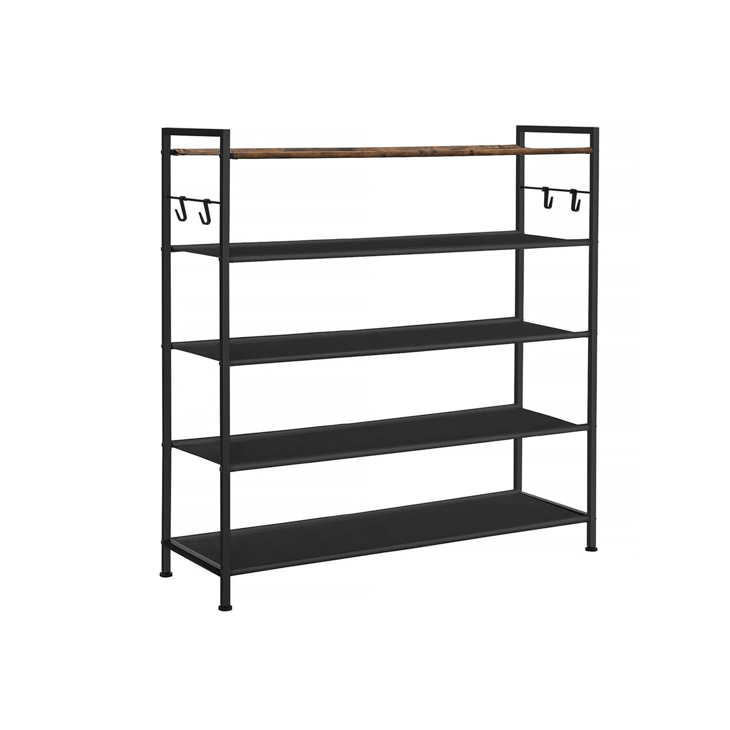 5-Tier Shoe Rack - Metal - Rustic Brown and Black - Open Design with Hooks