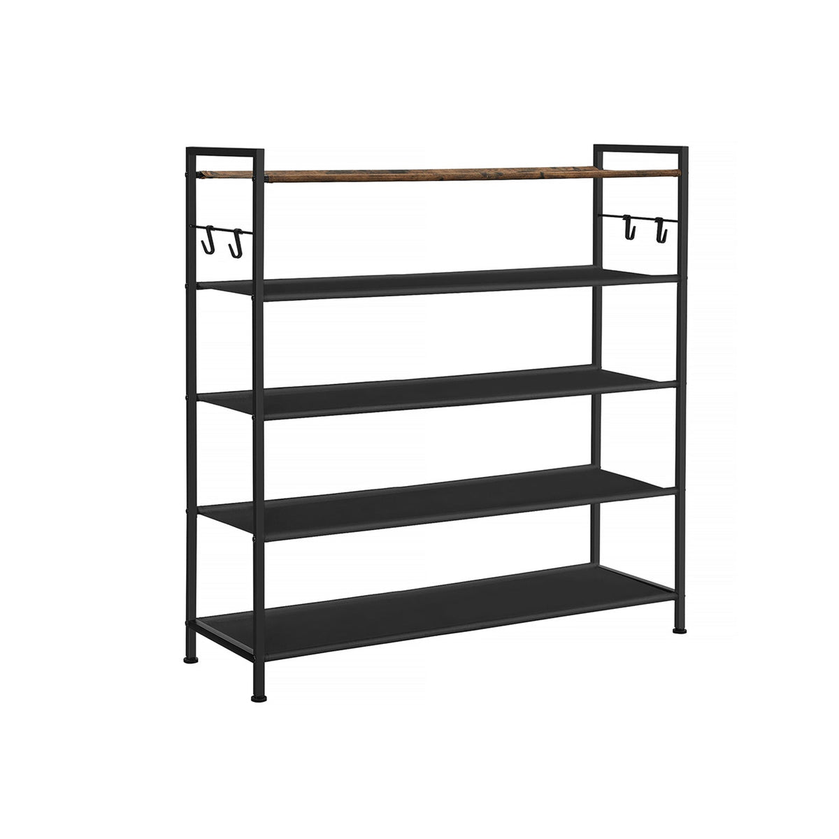 5-Tier Shoe Rack - Metal - Rustic Brown and Black - Open Design with Hooks