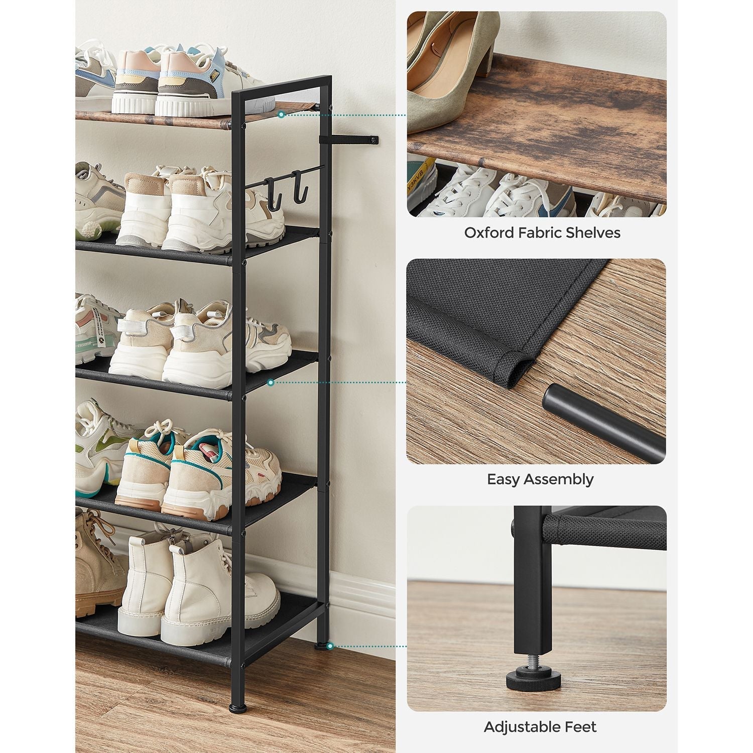 5-Tier Shoe Rack - Metal - Rustic Brown and Black - Open Design with Hooks
