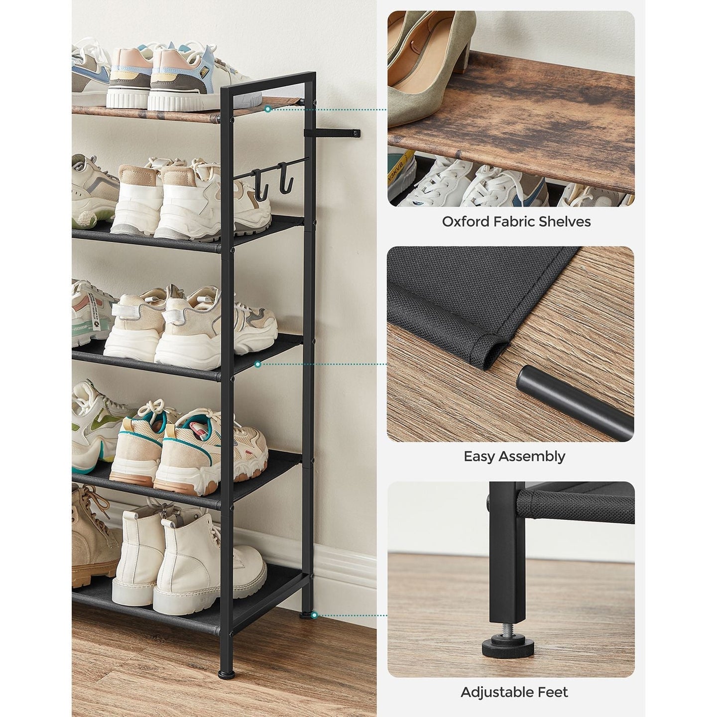 5-Tier Shoe Rack - Metal - Rustic Brown and Black - Open Design with Hooks