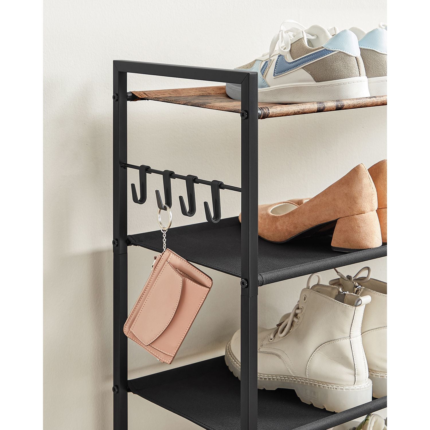 5-Tier Shoe Rack - Metal - Rustic Brown and Black - Open Design with Hooks