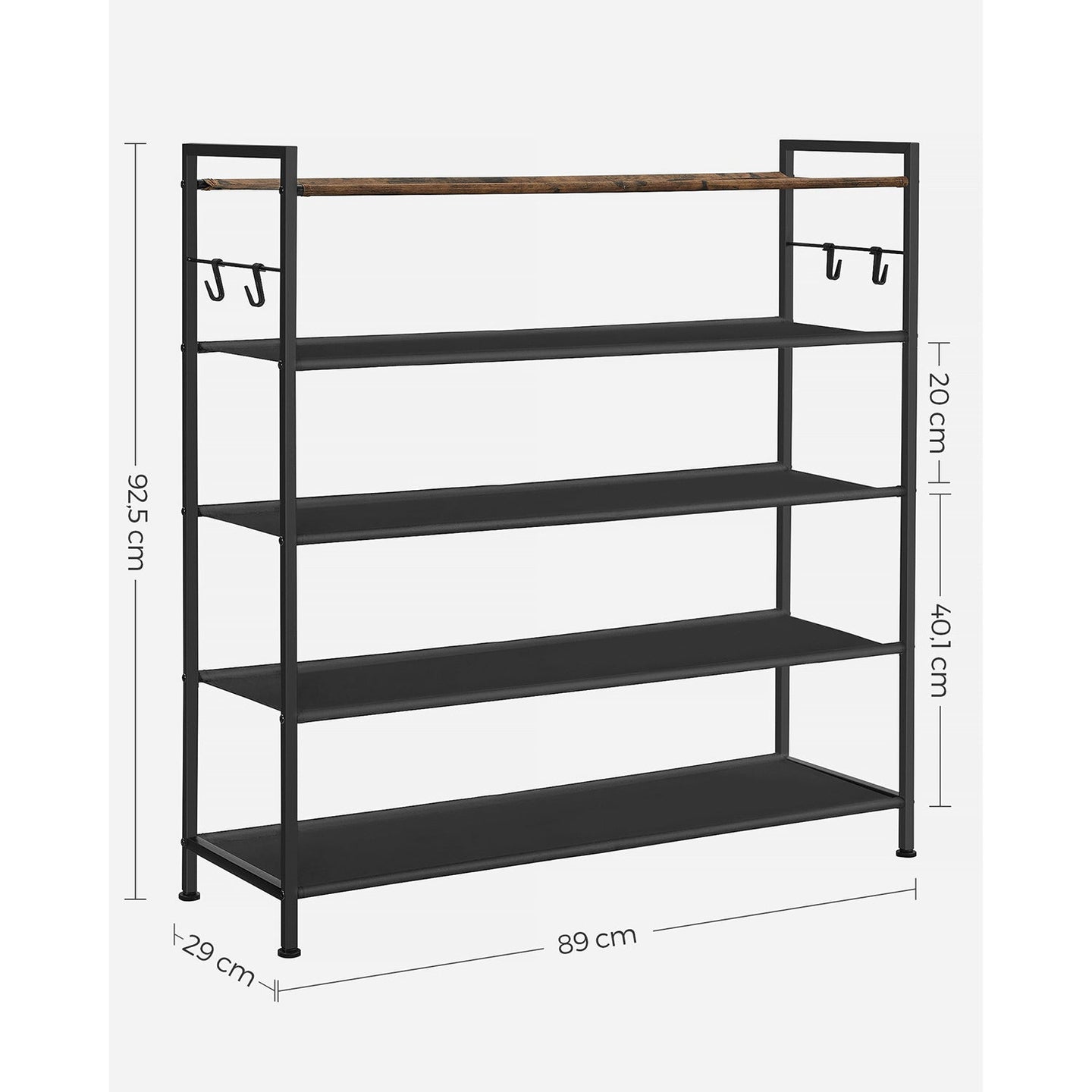 5-Tier Shoe Rack - Metal - Rustic Brown and Black - Open Design with Hooks