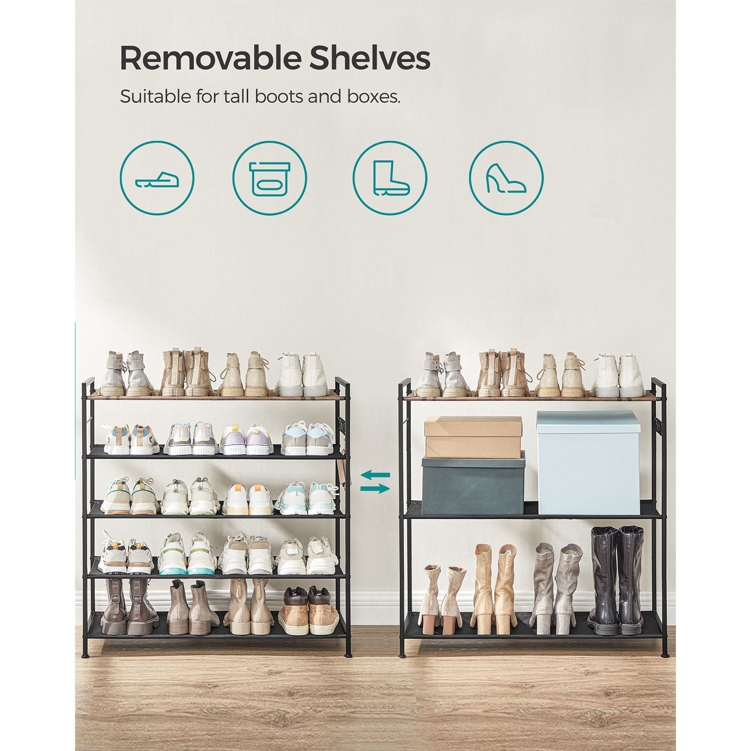 5-Tier Shoe Rack - Metal - Rustic Brown and Black - Open Design with Hooks
