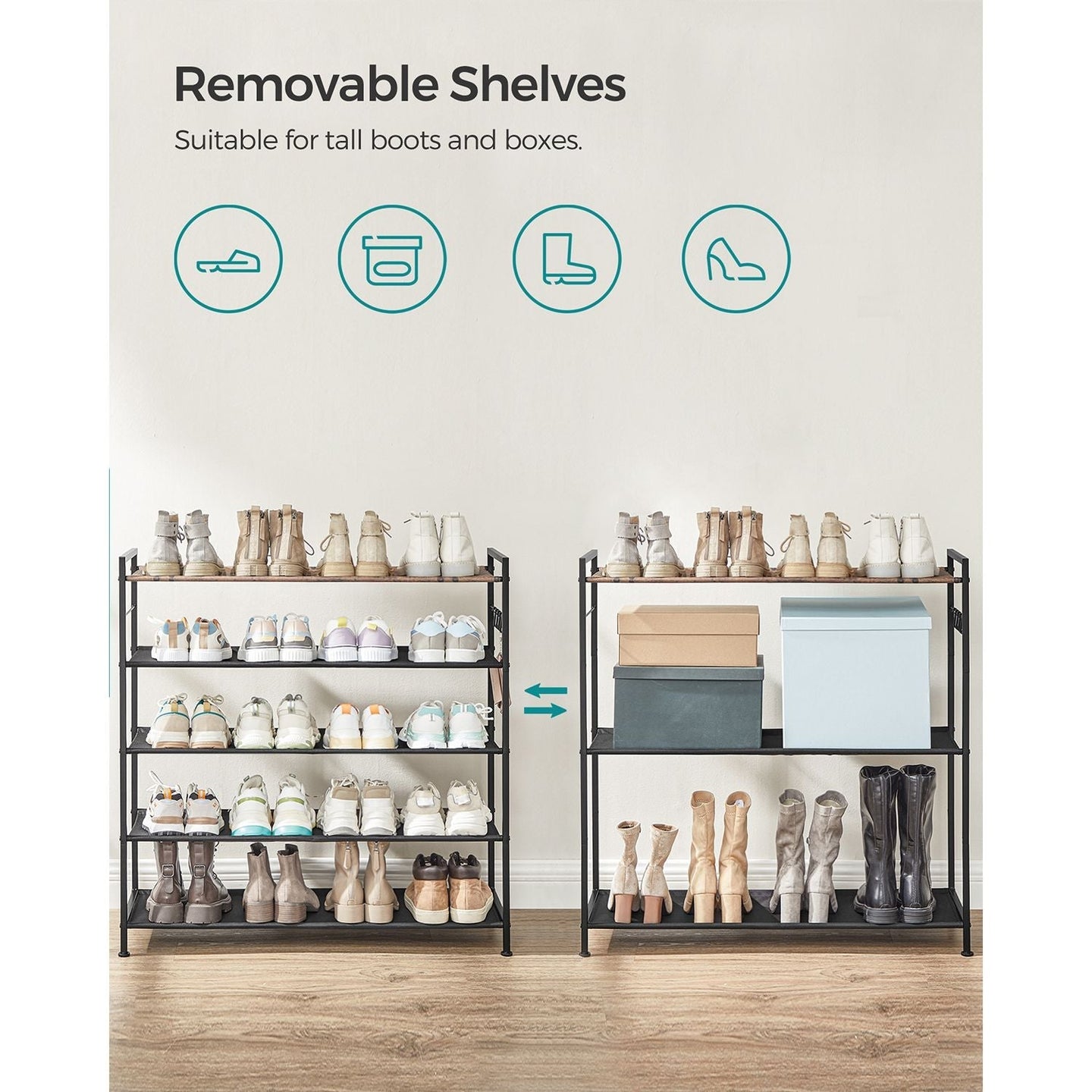 5-Tier Shoe Rack - Metal - Rustic Brown and Black - Open Design with Hooks