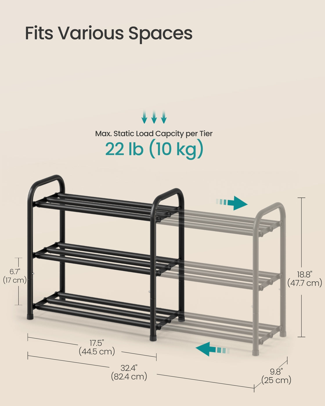 Expandable Shoe Rack - 3-Tier - Steel - Adjustable Shelves