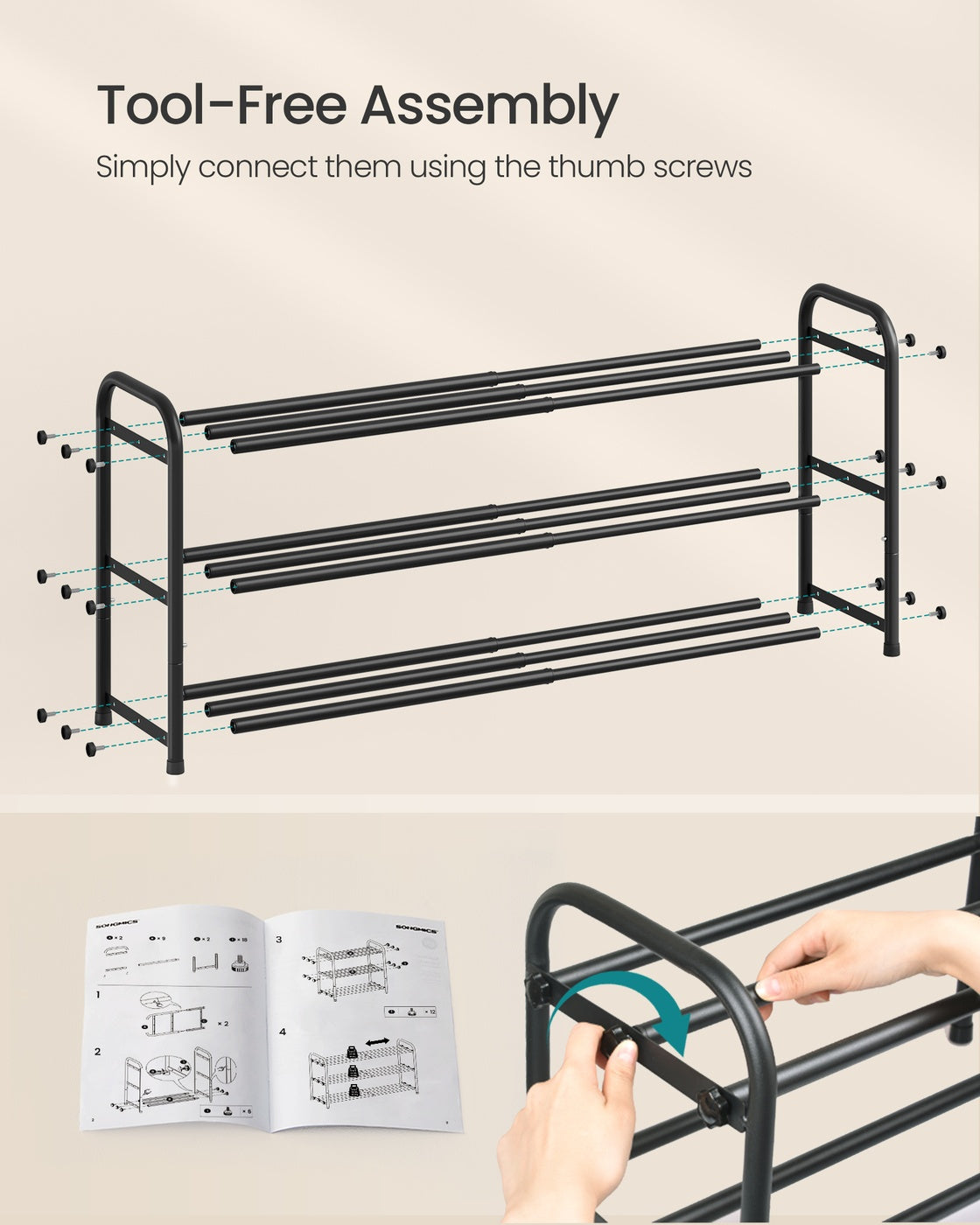 Expandable Shoe Rack - 3-Tier - Steel - Adjustable Shelves