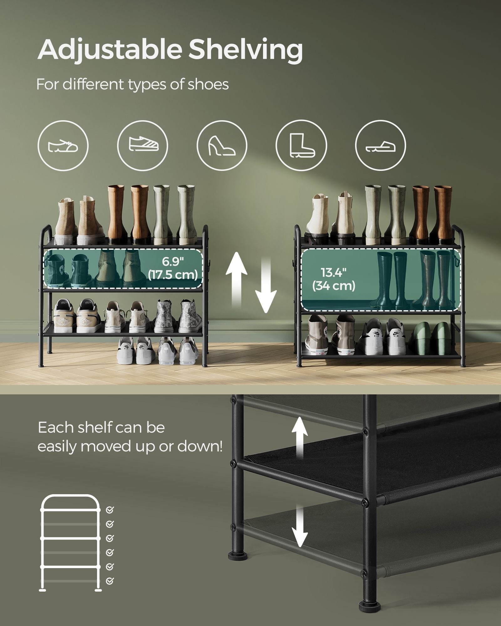 3-Tier Fabric Shoe Rack - Ink Black - Height-Adjustable