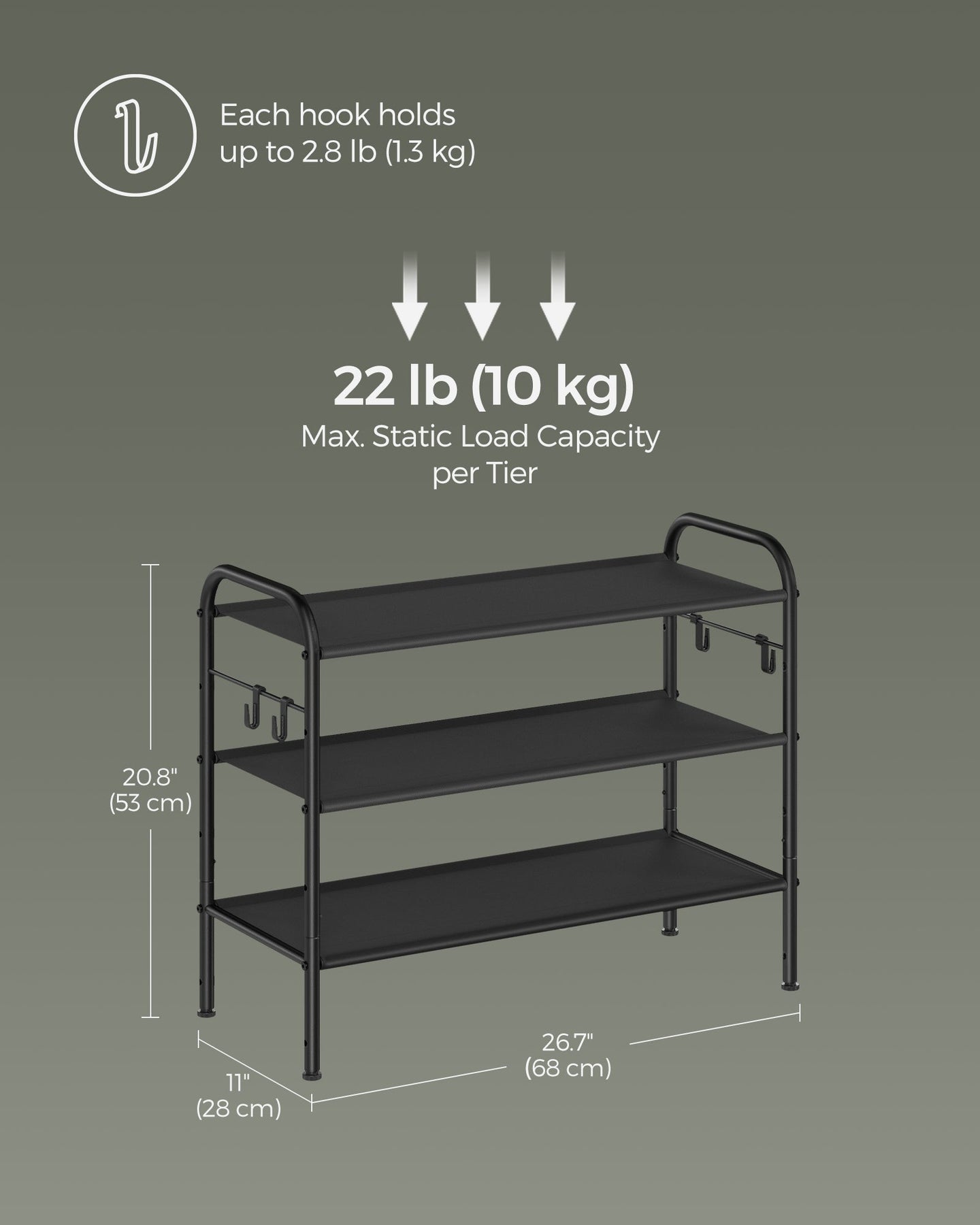 3-Tier Fabric Shoe Rack - Ink Black - Height-Adjustable