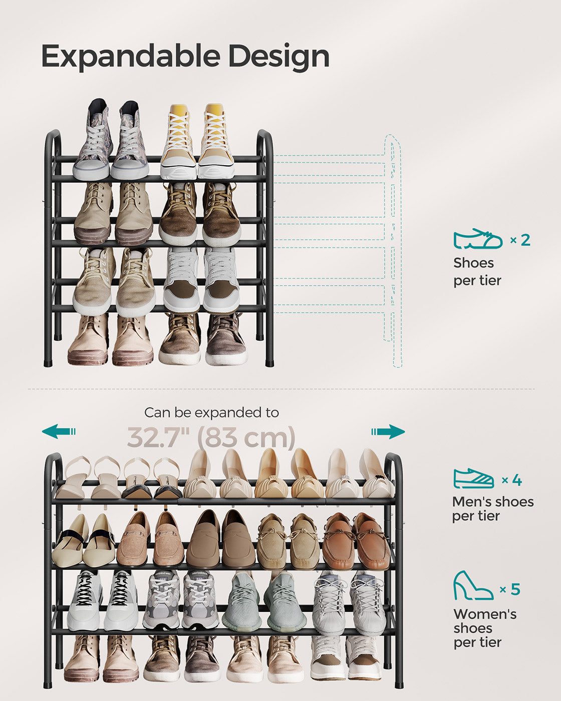 Expandable Shoe Rack - Metal - Ink Black - Adjustable and Free Standing
