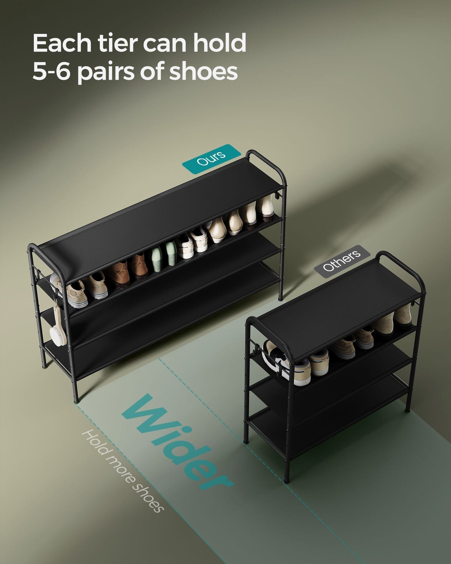 Fabric Shoe Rack - 4-Tier with 4 Hooks - Ink Black - Height-Adjustable