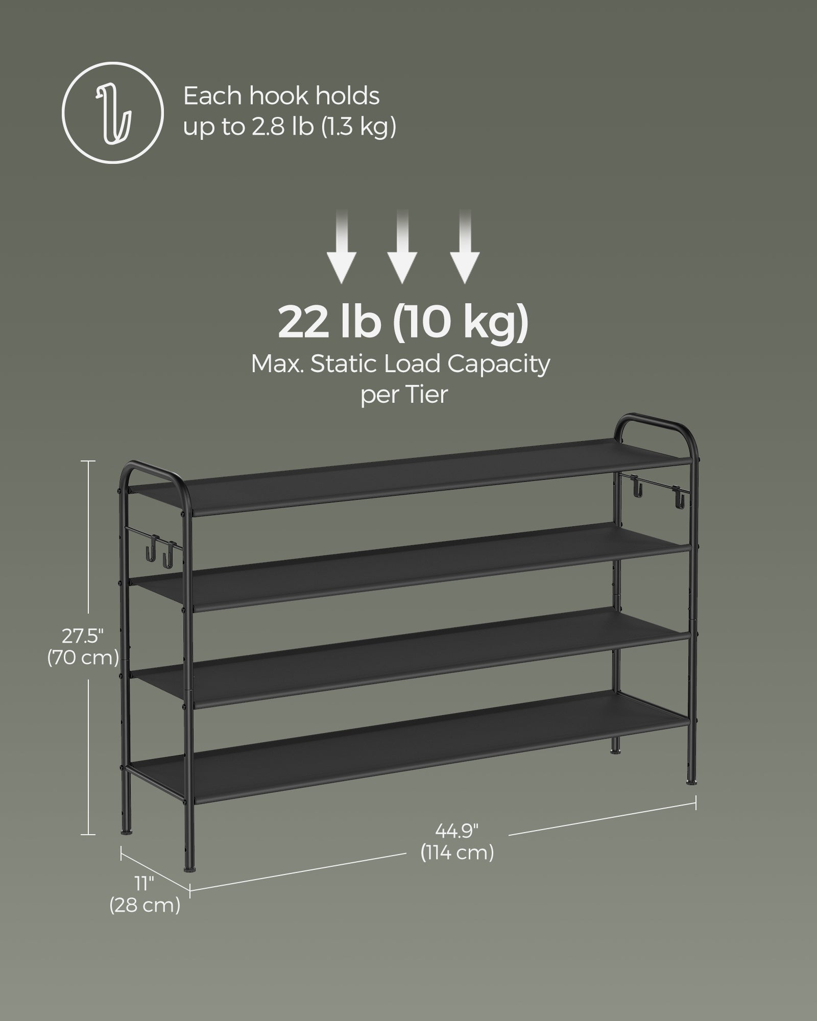 Fabric Shoe Rack - 4-Tier with 4 Hooks - Ink Black - Height-Adjustable