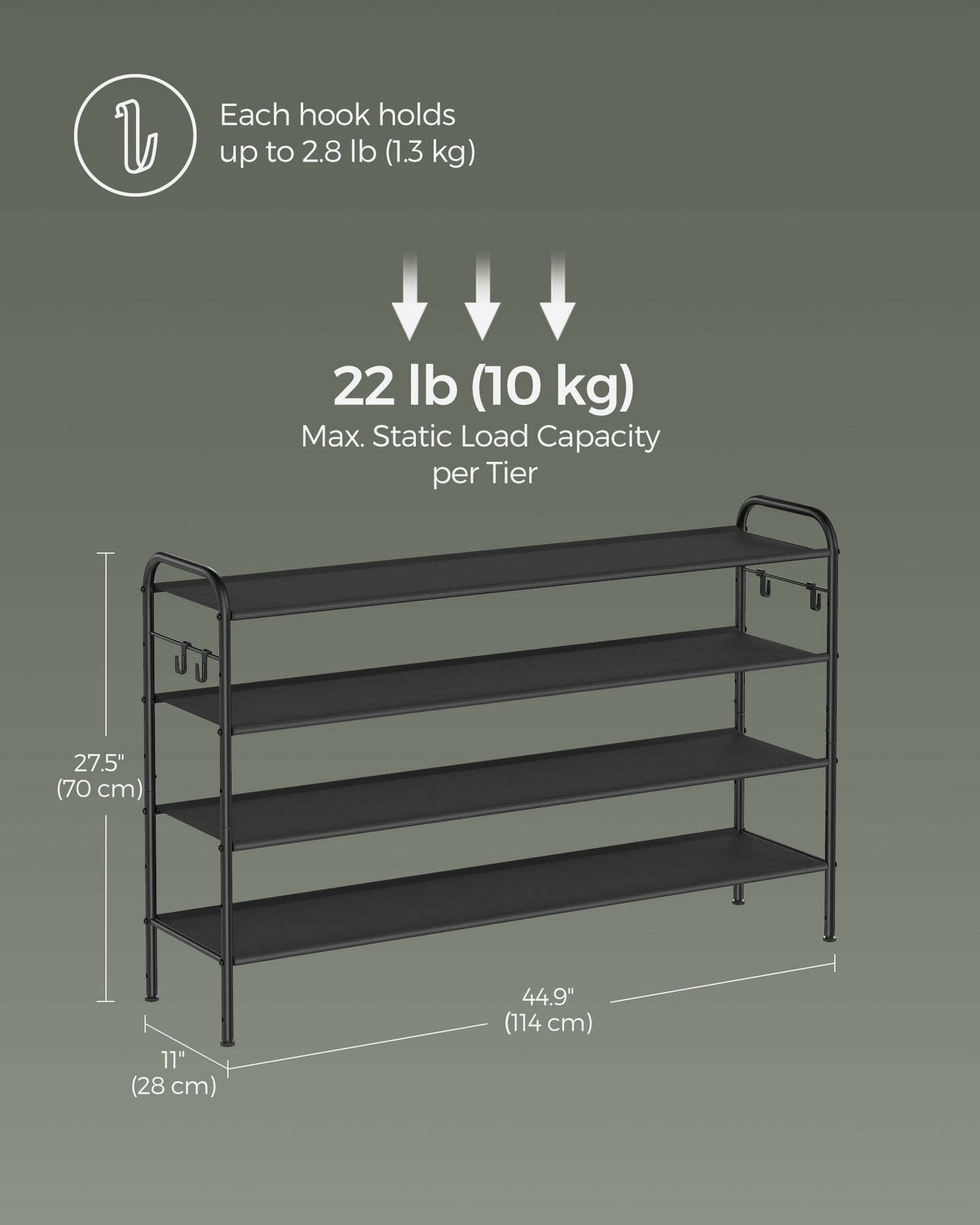 Fabric Shoe Rack - 4-Tier with 4 Hooks - Ink Black - Height-Adjustable