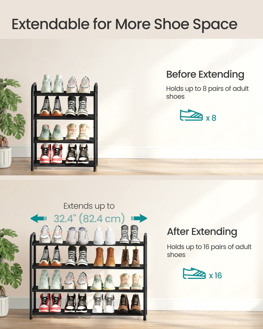 Expandable Shoe Rack - 2-Tier - Steel - Adjustable Shelves