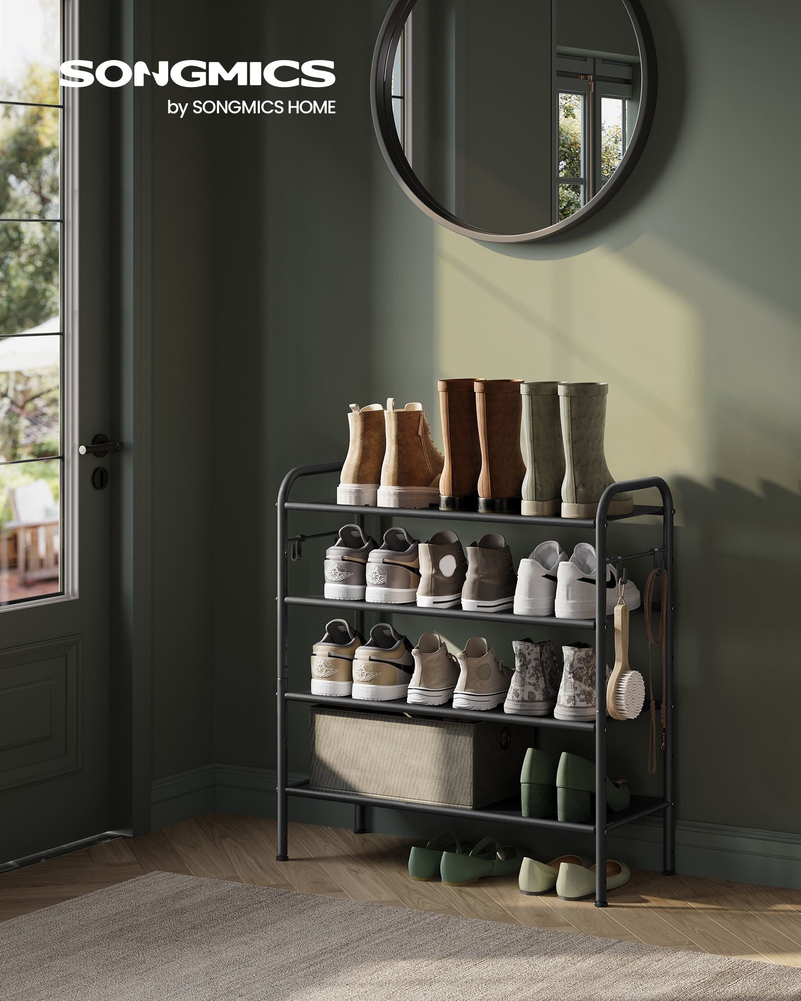Shoe Rack - Fabric - Ink Black - 4-Tier with Hooks and Height-Adjustable Design