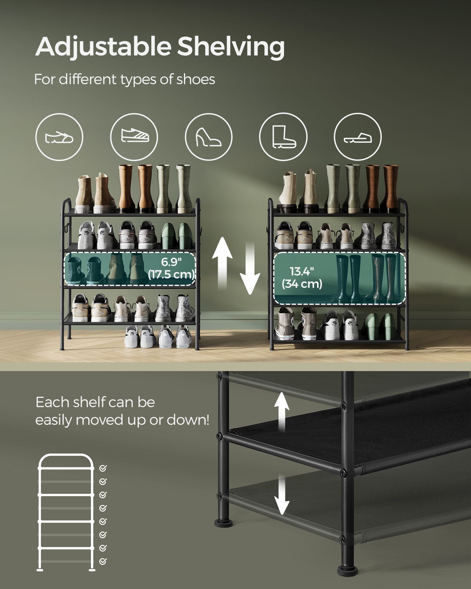 Shoe Rack - Fabric - Ink Black - 4-Tier with Hooks and Height-Adjustable Design