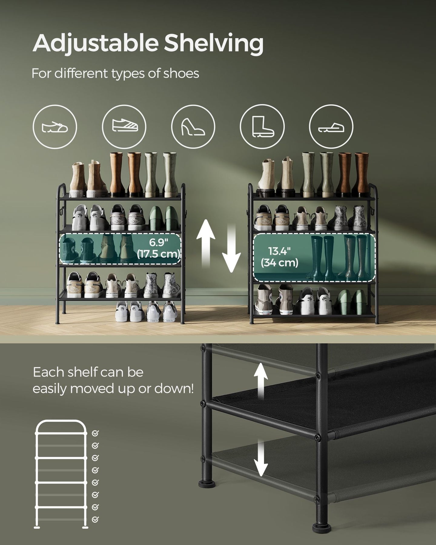 Shoe Rack - Fabric - Ink Black - 4-Tier with Hooks and Height-Adjustable Design