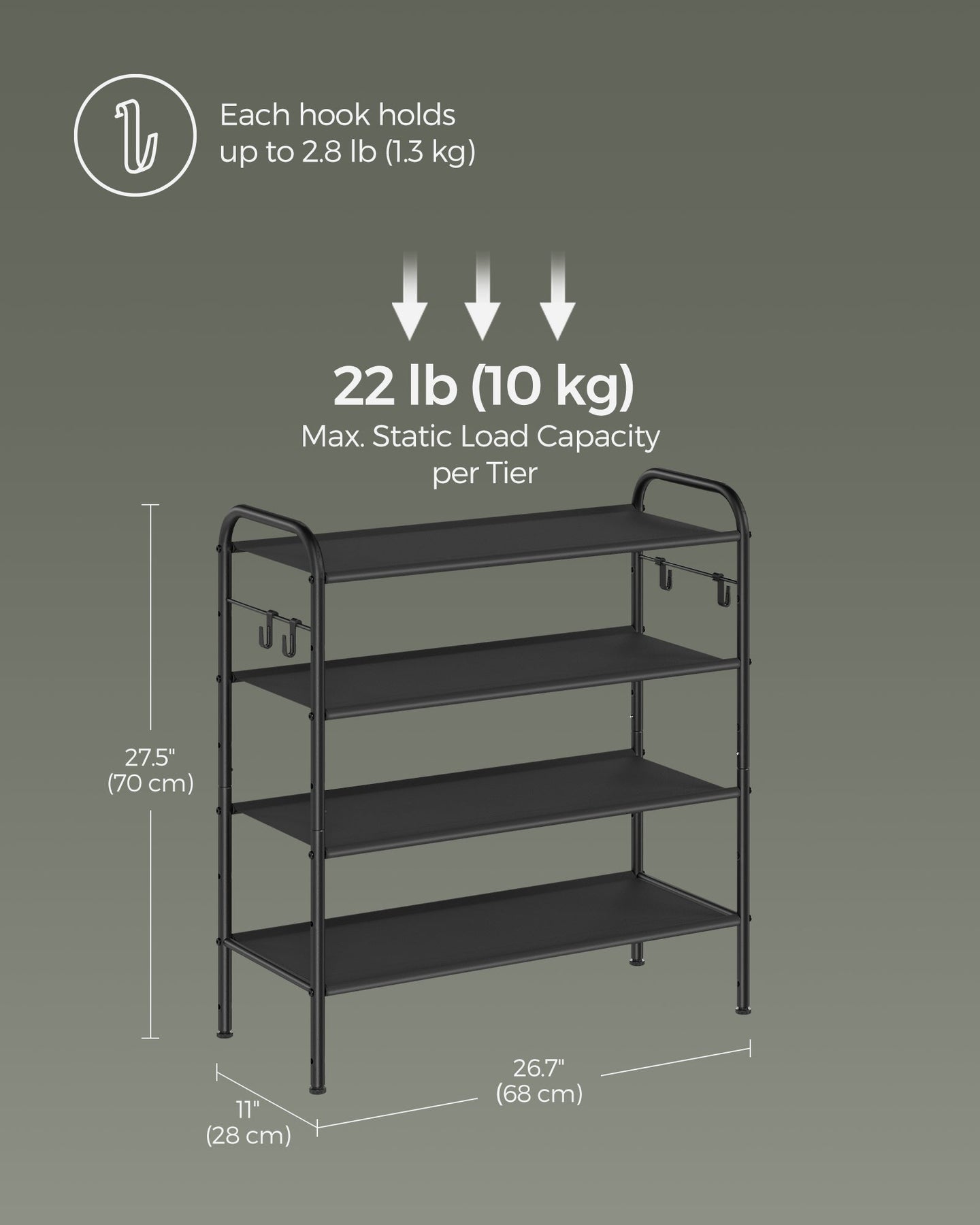 Shoe Rack - Fabric - Ink Black - 4-Tier with Hooks and Height-Adjustable Design