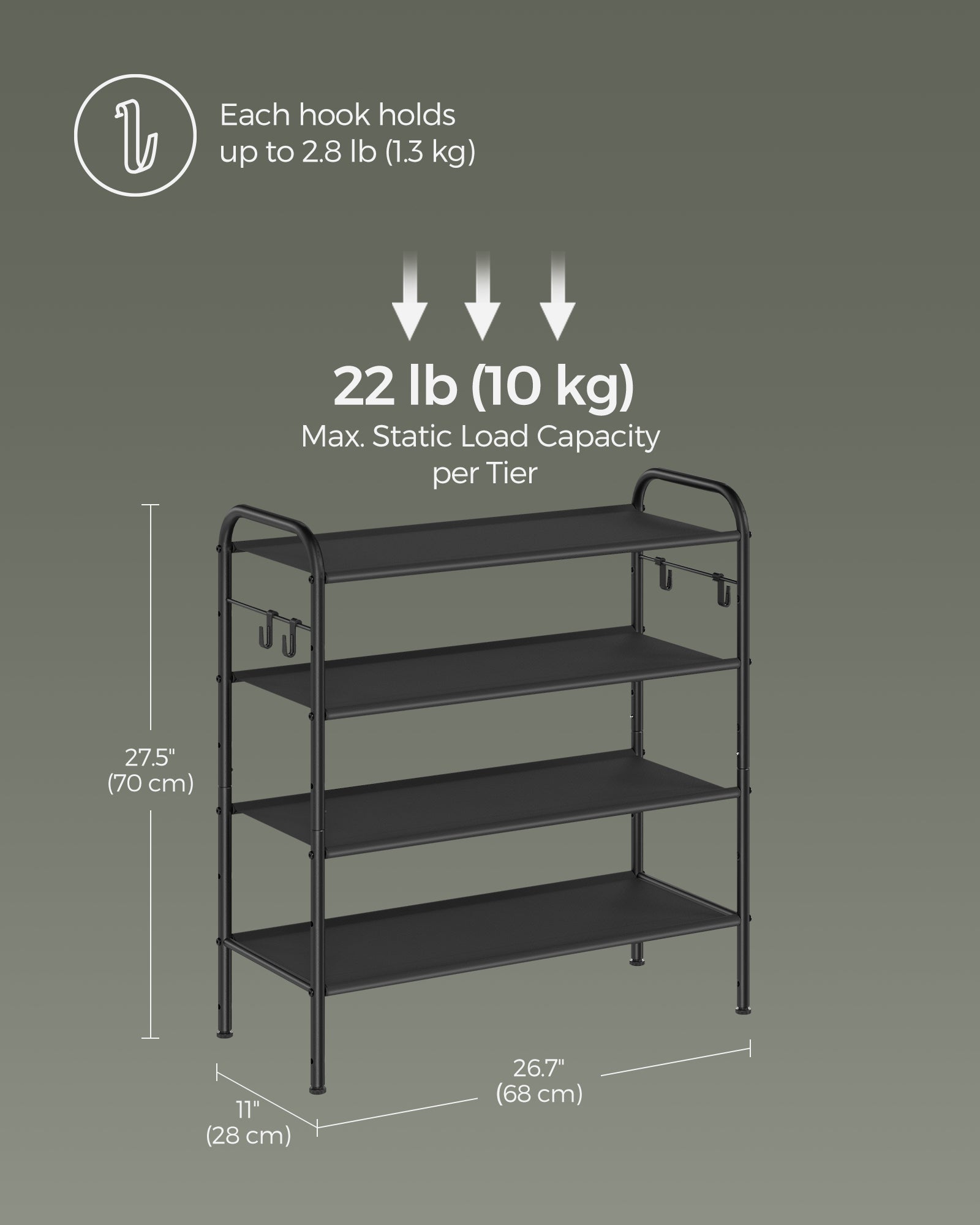 Shoe Rack - Fabric - Ink Black - 4-Tier with Hooks and Height-Adjustable Design