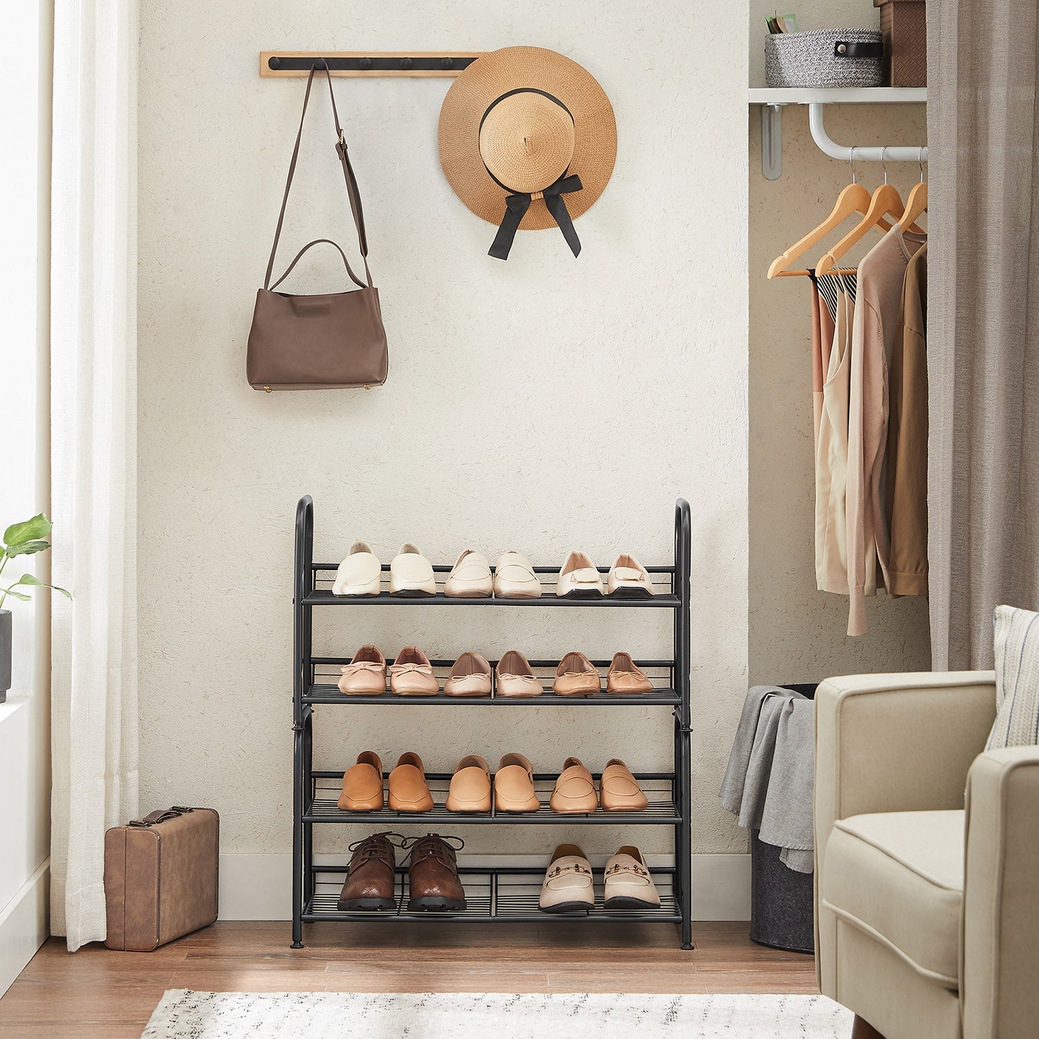 2-Tier Stackable Shoe Rack - Holds Up to 12 Pairs - Steel - Black - Durable and Reliable Construction