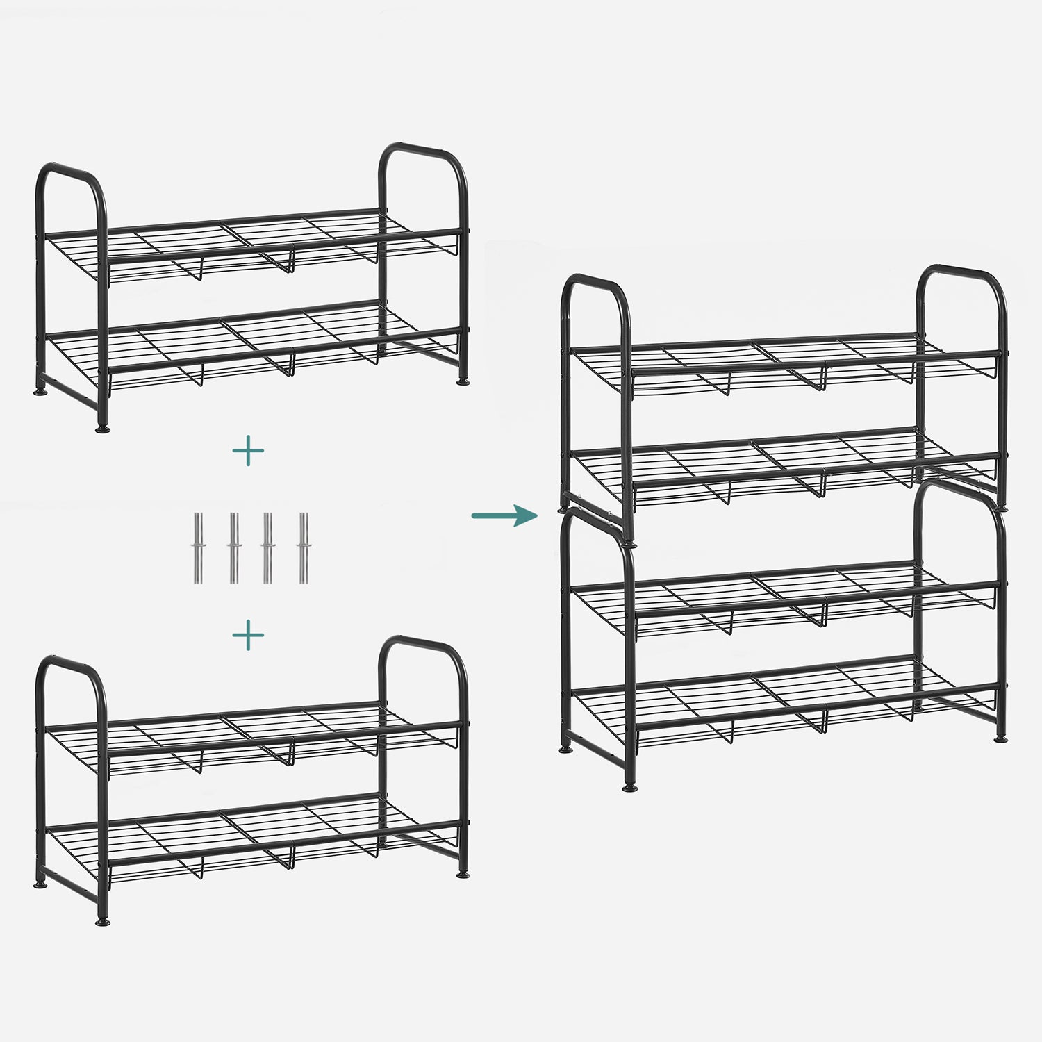2-Tier Stackable Shoe Rack - Holds Up to 12 Pairs - Steel - Black - Durable and Reliable Construction