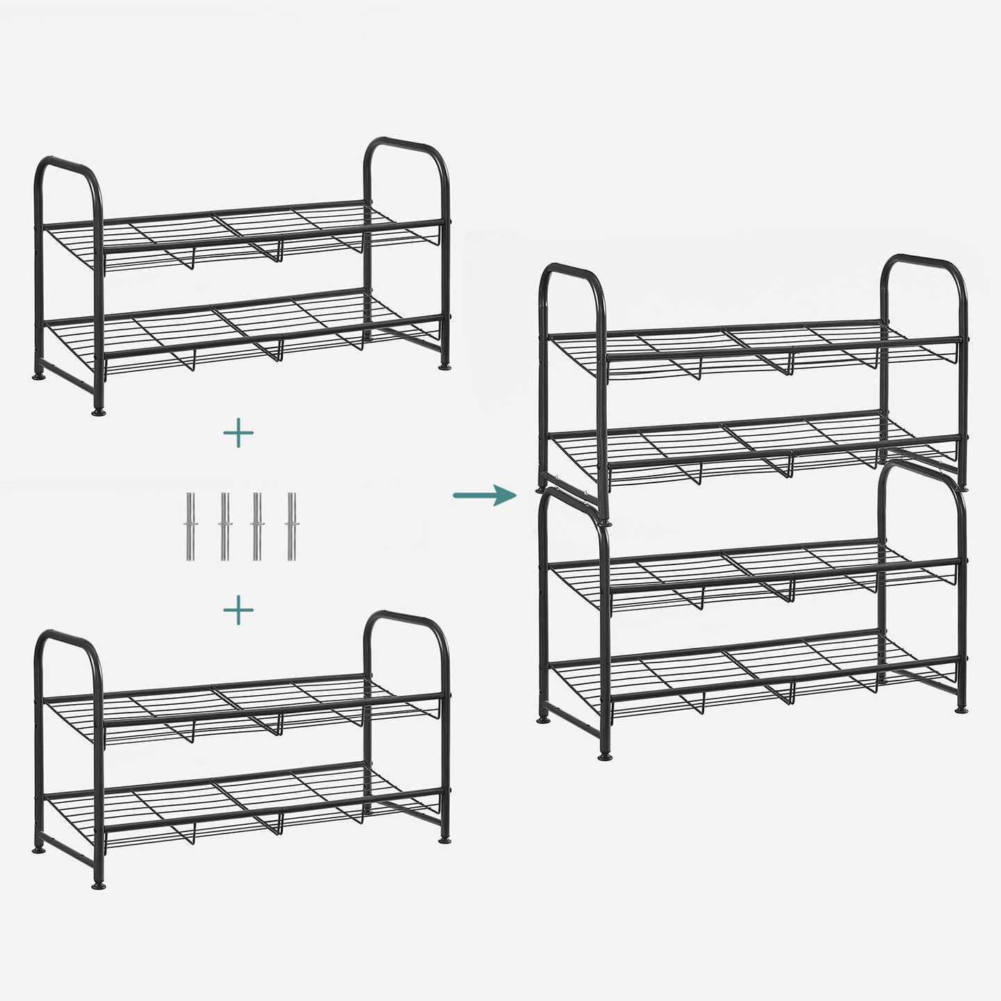 2-Tier Stackable Shoe Rack - Holds Up to 12 Pairs - Steel - Black - Durable and Reliable Construction