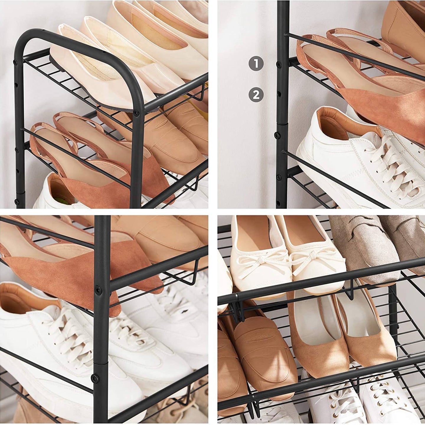 4 Tier Shoe Rack - Steel - Black - Stackable Storage for Up to 12 Pairs