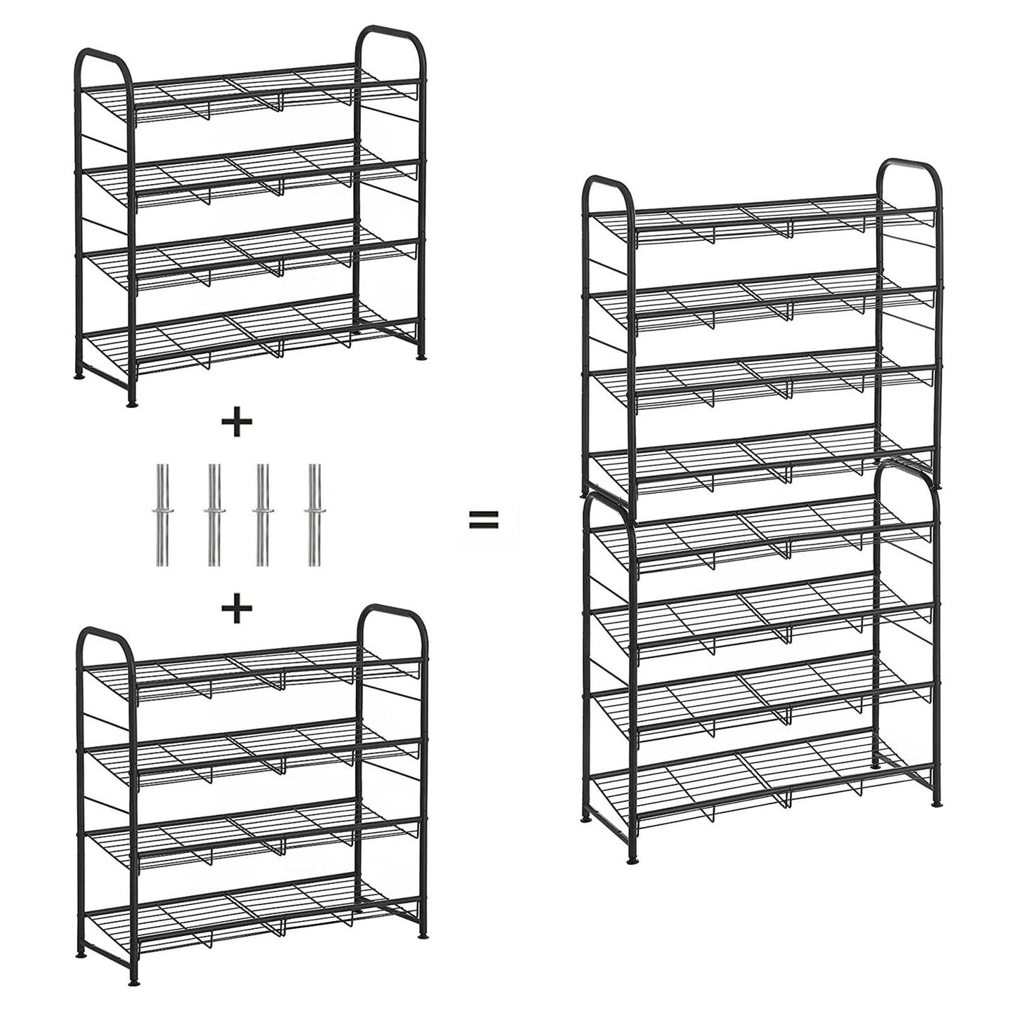 4 Tier Shoe Rack - Steel - Black - Stackable Storage for Up to 12 Pairs