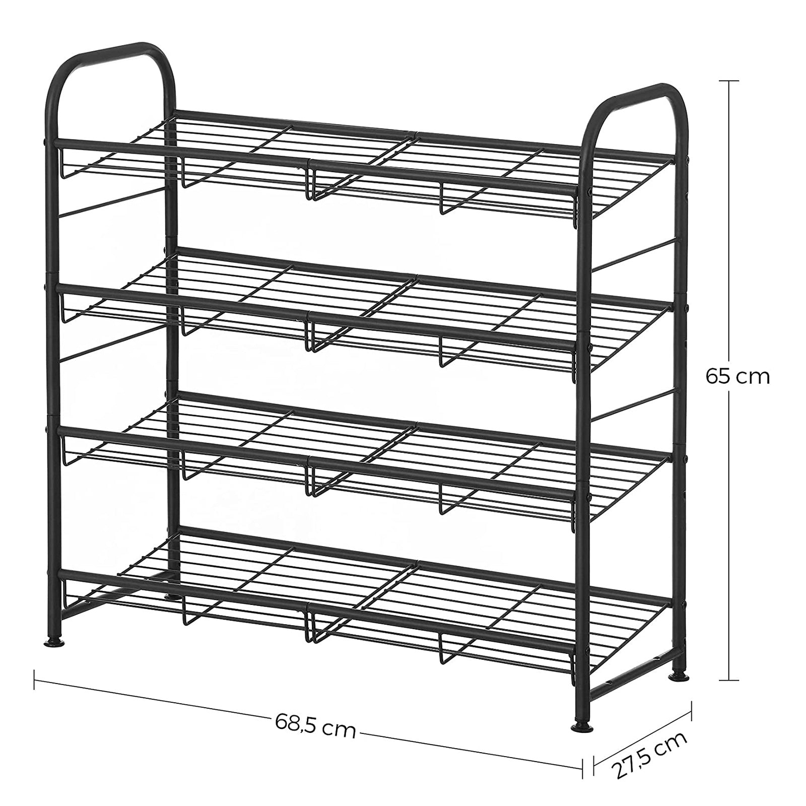 4 Tier Shoe Rack - Steel - Black - Stackable Storage for Up to 12 Pairs