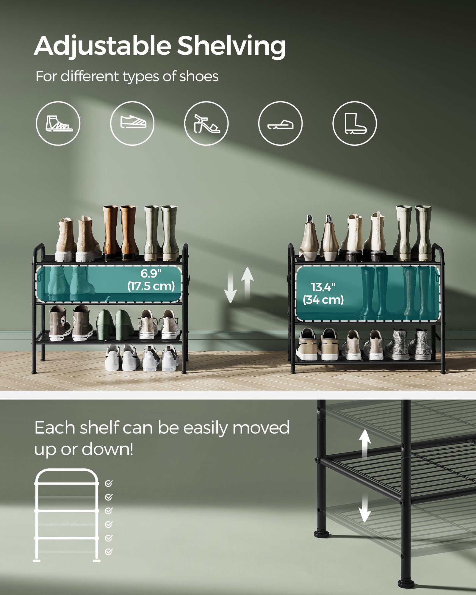 3-Tier Metal Shoe Rack - Holds 12 Pairs - Ink Black - Height-Adjustable with 4 Side Hooks