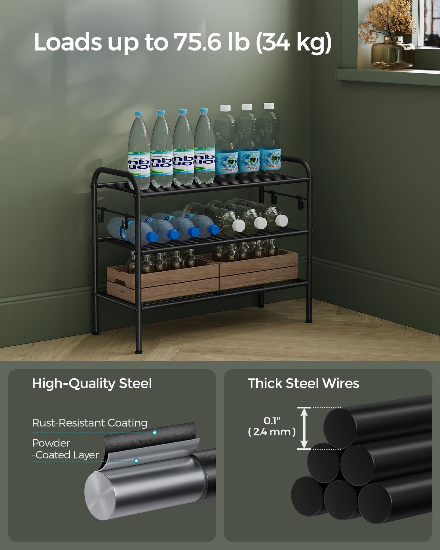 3-Tier Metal Shoe Rack - Holds 12 Pairs - Ink Black - Height-Adjustable with 4 Side Hooks