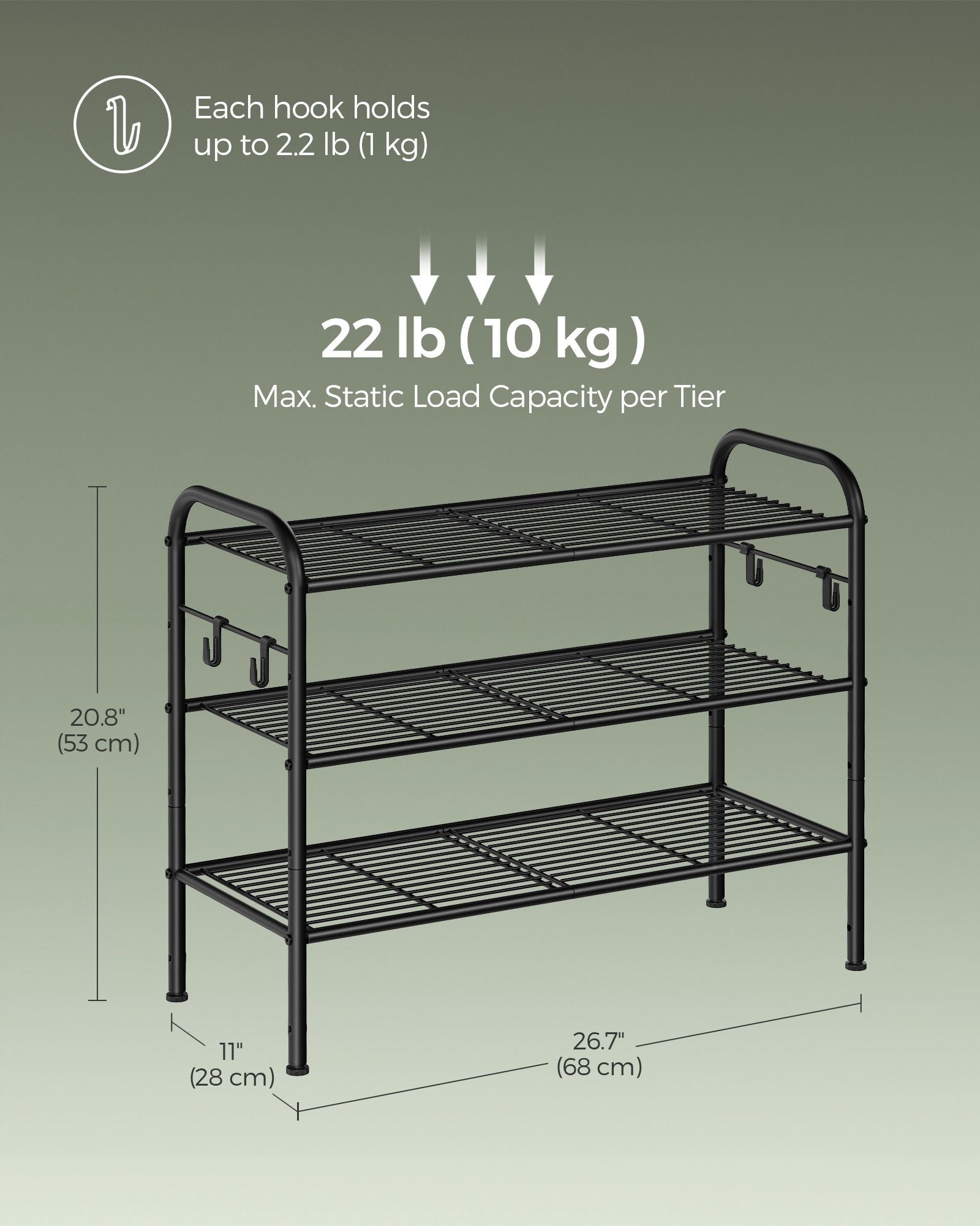 3-Tier Metal Shoe Rack - Holds 12 Pairs - Ink Black - Height-Adjustable with 4 Side Hooks