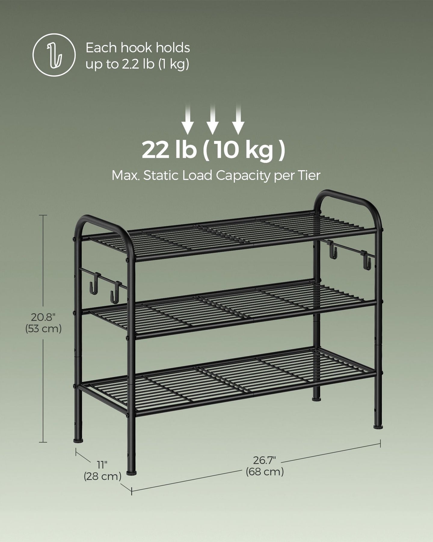 3-Tier Metal Shoe Rack - Holds 12 Pairs - Ink Black - Height-Adjustable with 4 Side Hooks