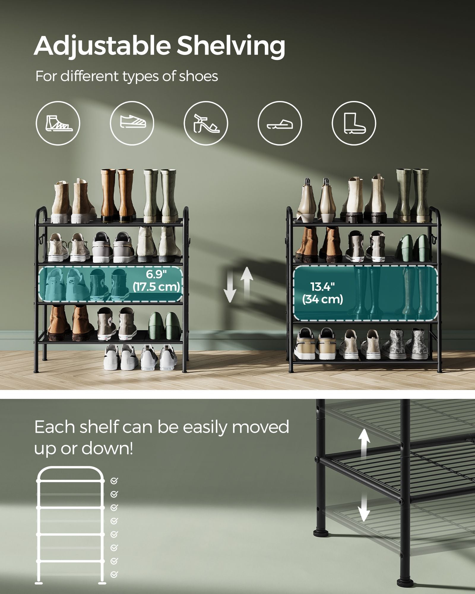 Shoe Rack - Metal - Ink Black - 4-Tier with Hooks