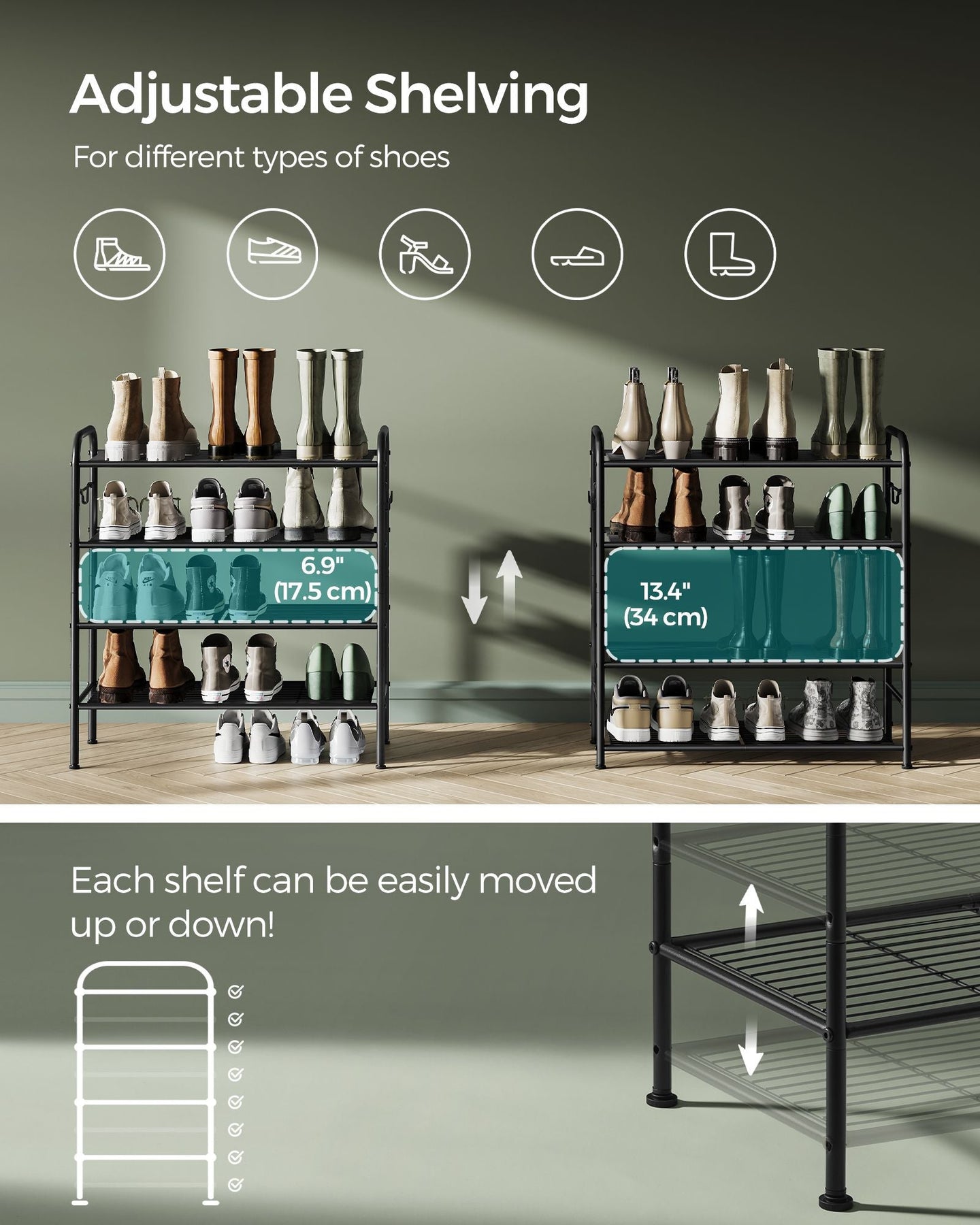 Shoe Rack - Metal - Ink Black - 4-Tier with Hooks