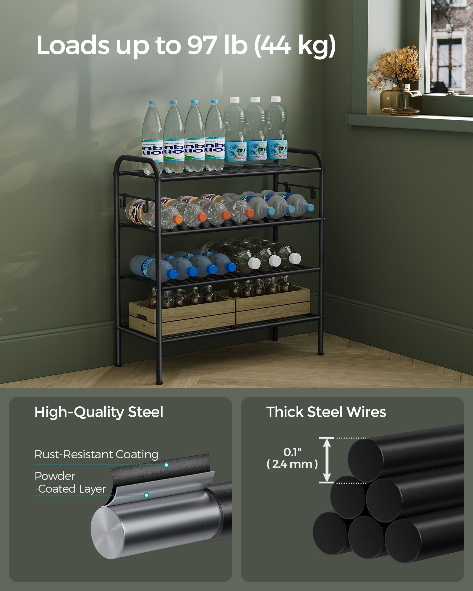 Shoe Rack - Metal - Ink Black - 4-Tier with Hooks