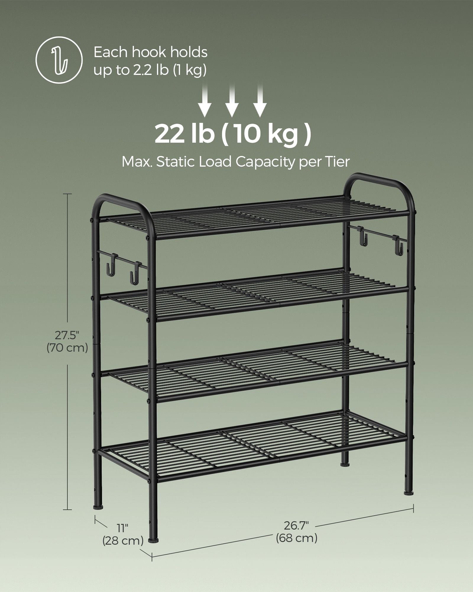Shoe Rack - Metal - Ink Black - 4-Tier with Hooks