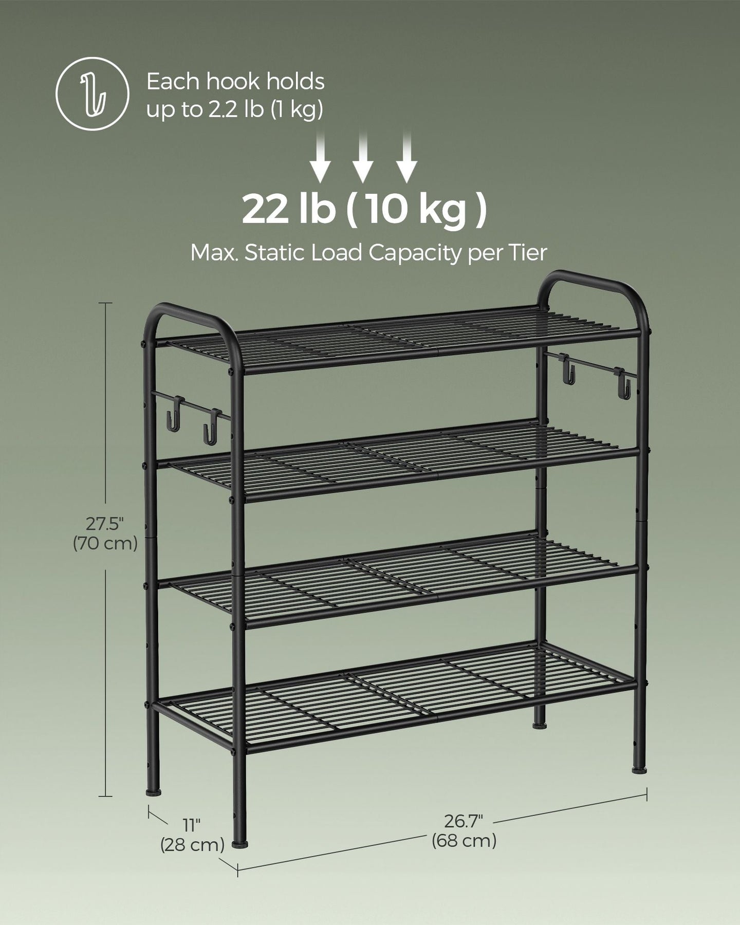 Shoe Rack - Metal - Ink Black - 4-Tier with Hooks