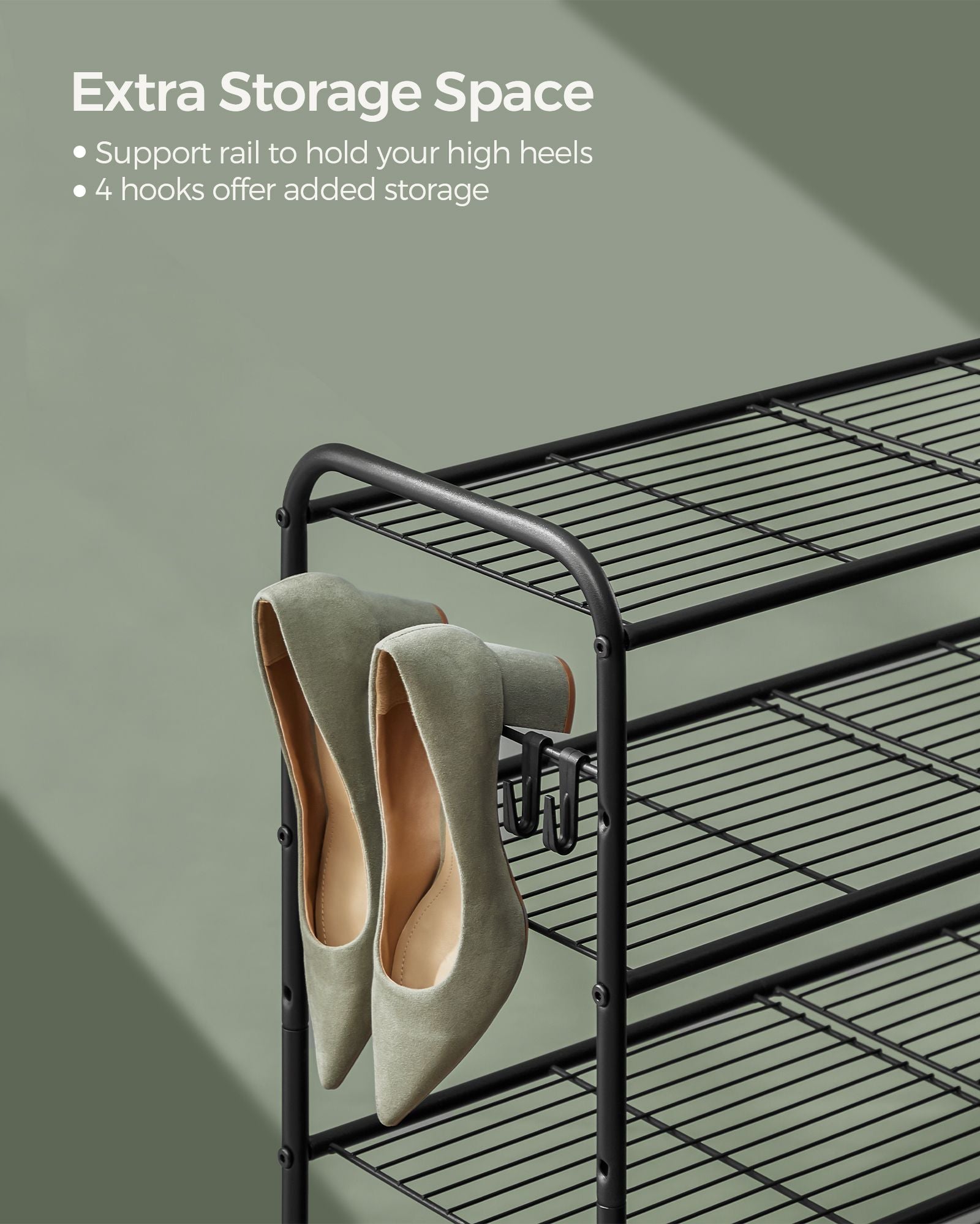 Shoe Rack - Metal - Ink Black - 4-Tier with Hooks